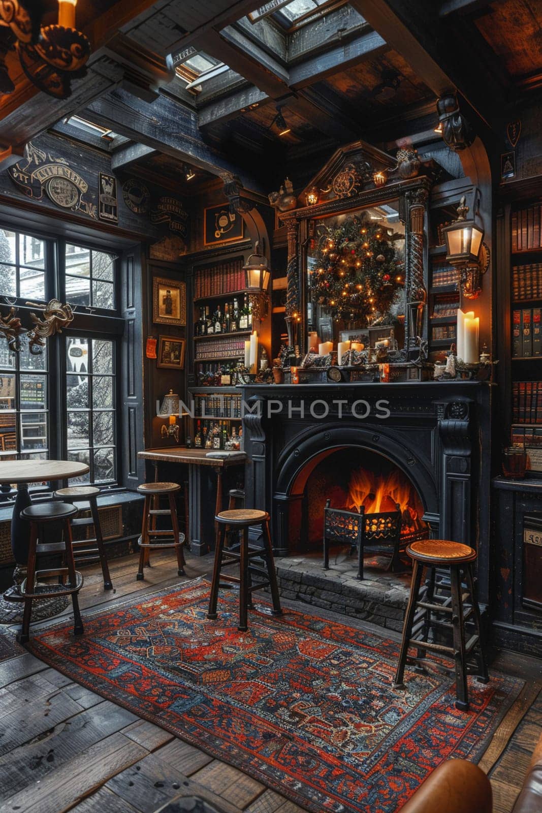 Old English pub with dark wood, cozy fireplaces, and traditional ale taps8K