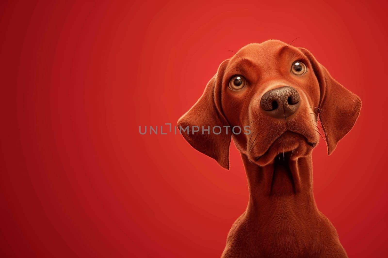 Close-up of a Hungarian fold-eared dog on a red background. 3d illustration.