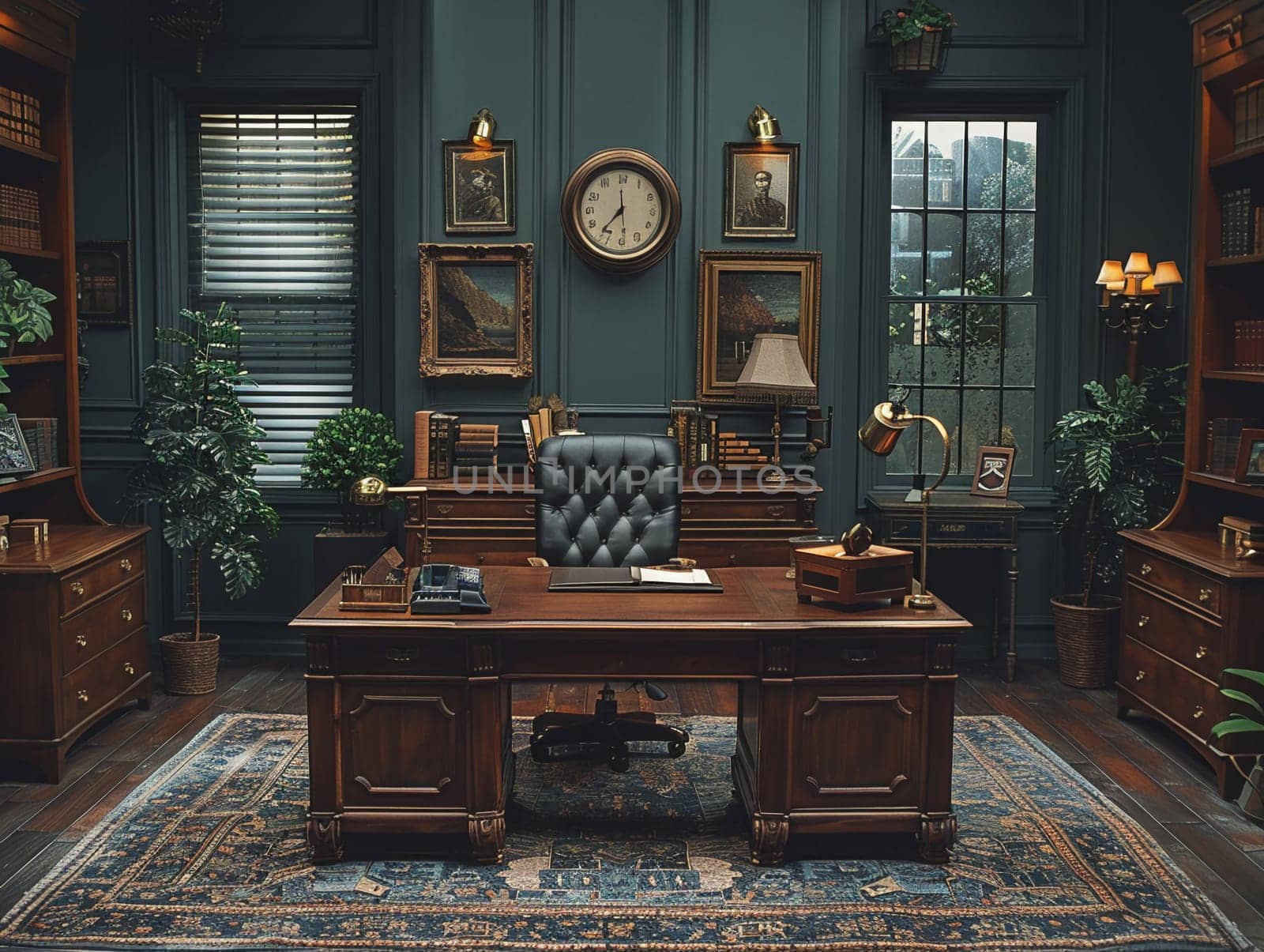 Classic film noir-inspired office with vintage props and moody lightingHyperrealistic