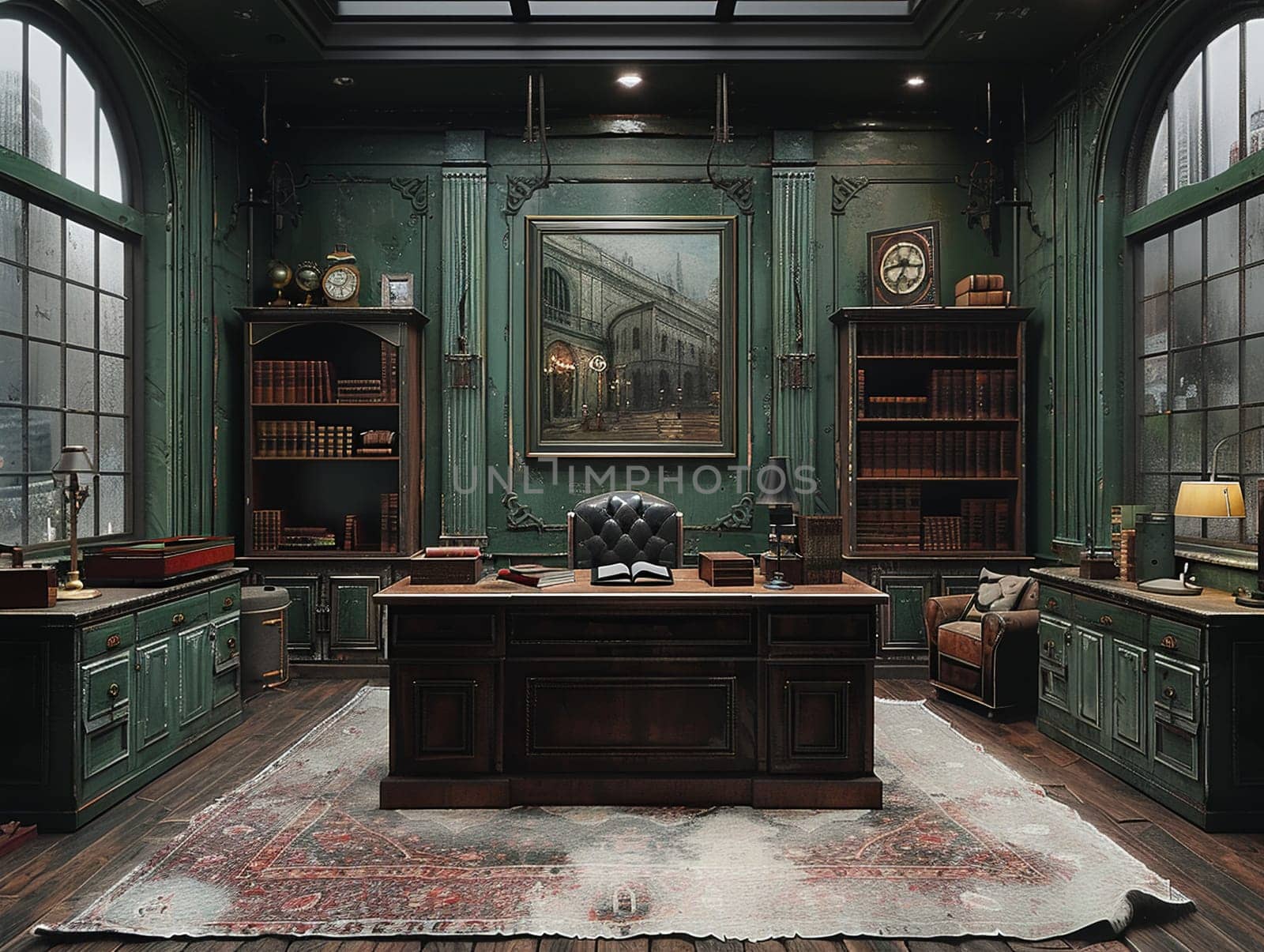 Classic film noir-inspired office with vintage props and moody lightingHyperrealistic