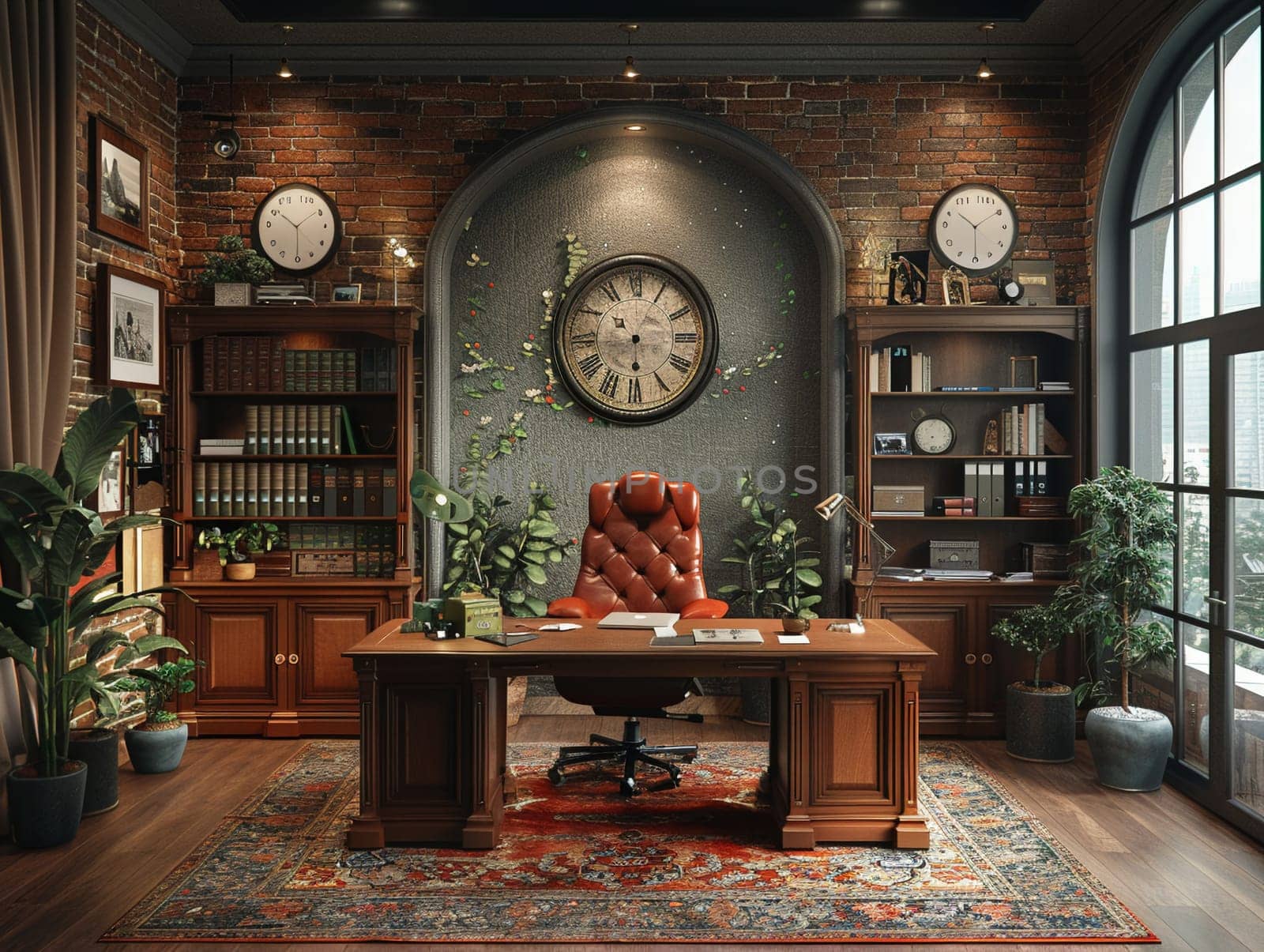 Classic film noir-inspired office with vintage props and moody lightingHyperrealistic