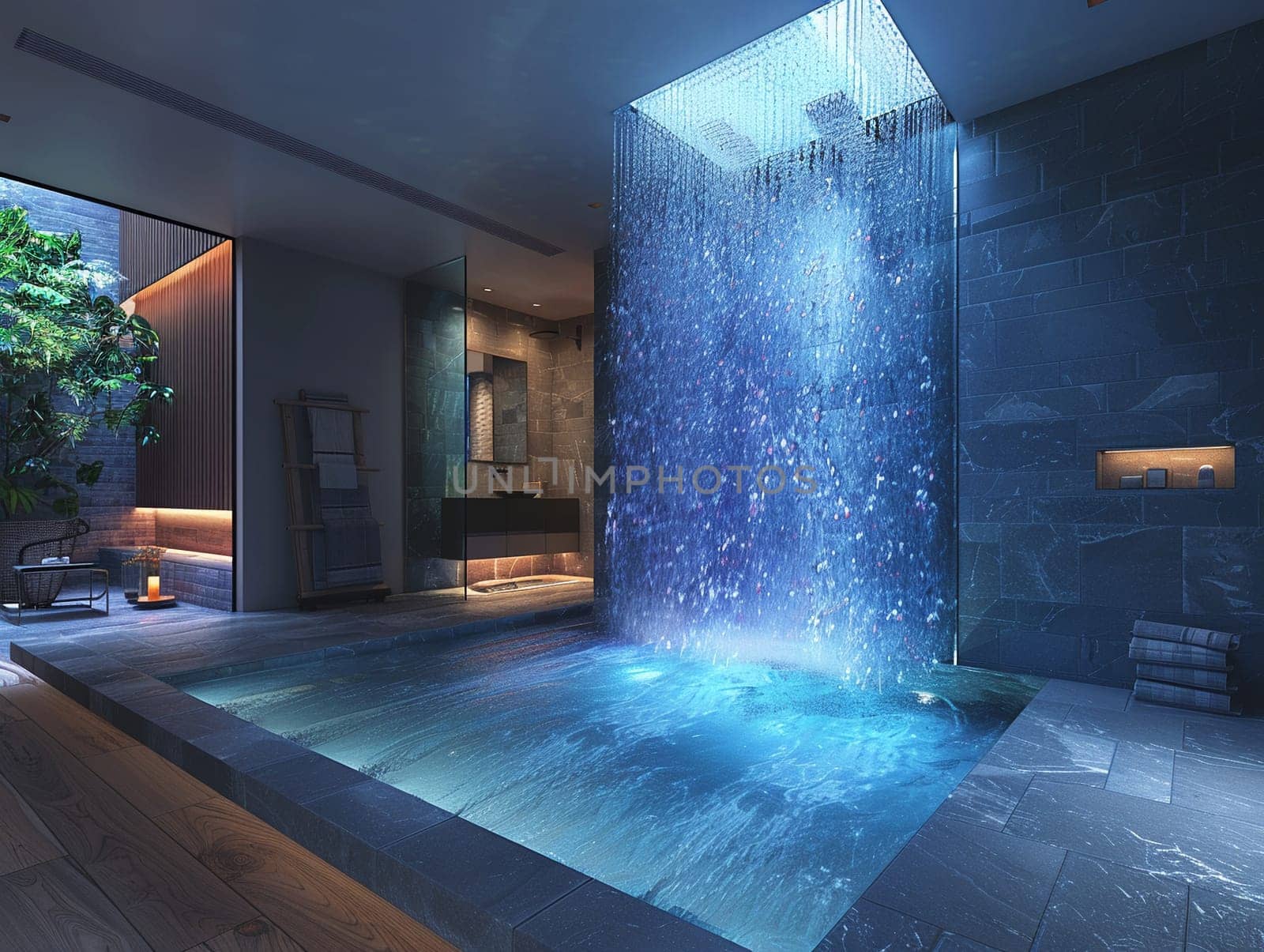 Contemporary bathroom with a glass-enclosed waterfall shower and ambient lightingHyperrealistic