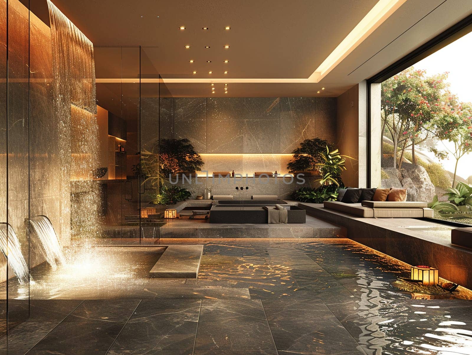 Contemporary bathroom with a glass-enclosed waterfall shower and ambient lightingHyperrealistic