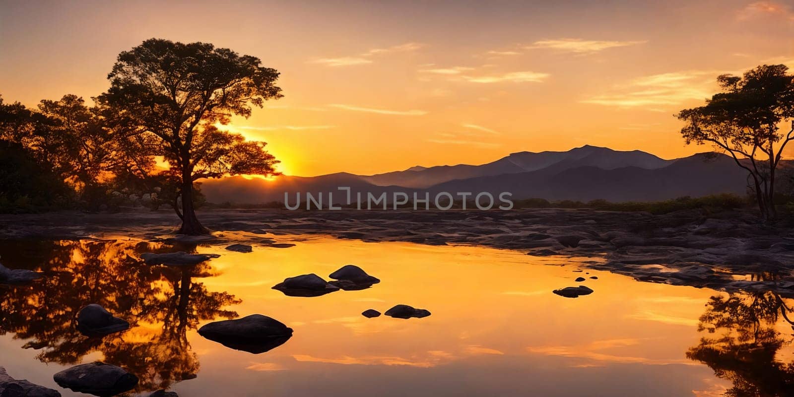 Flat terrain bushes in sunset. Hills on horizon, calm lake reflects clouds between stones. Serene scene. Generative AI.