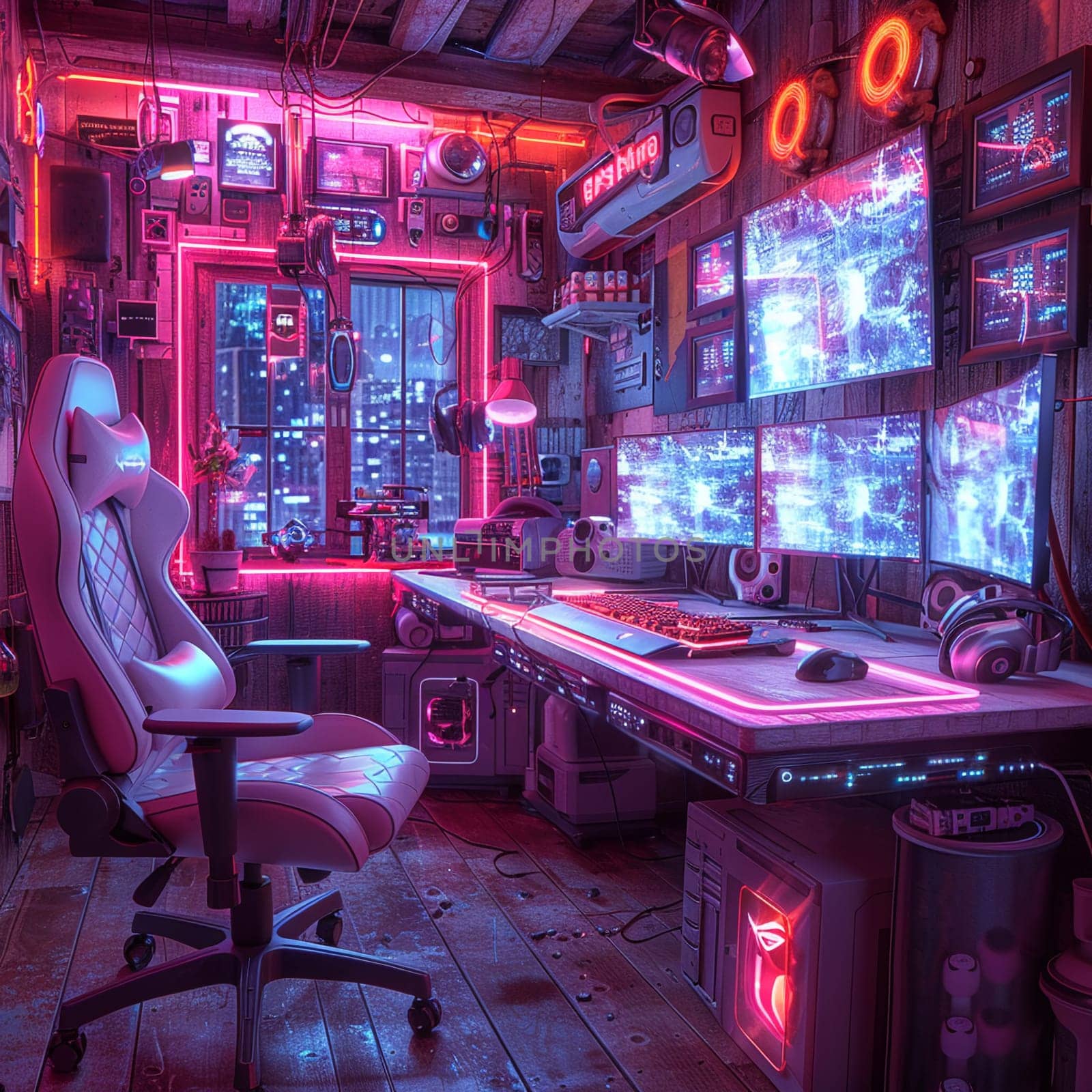 Cyberpunk gaming den with neon lights and high-tech setupsHyperrealistic