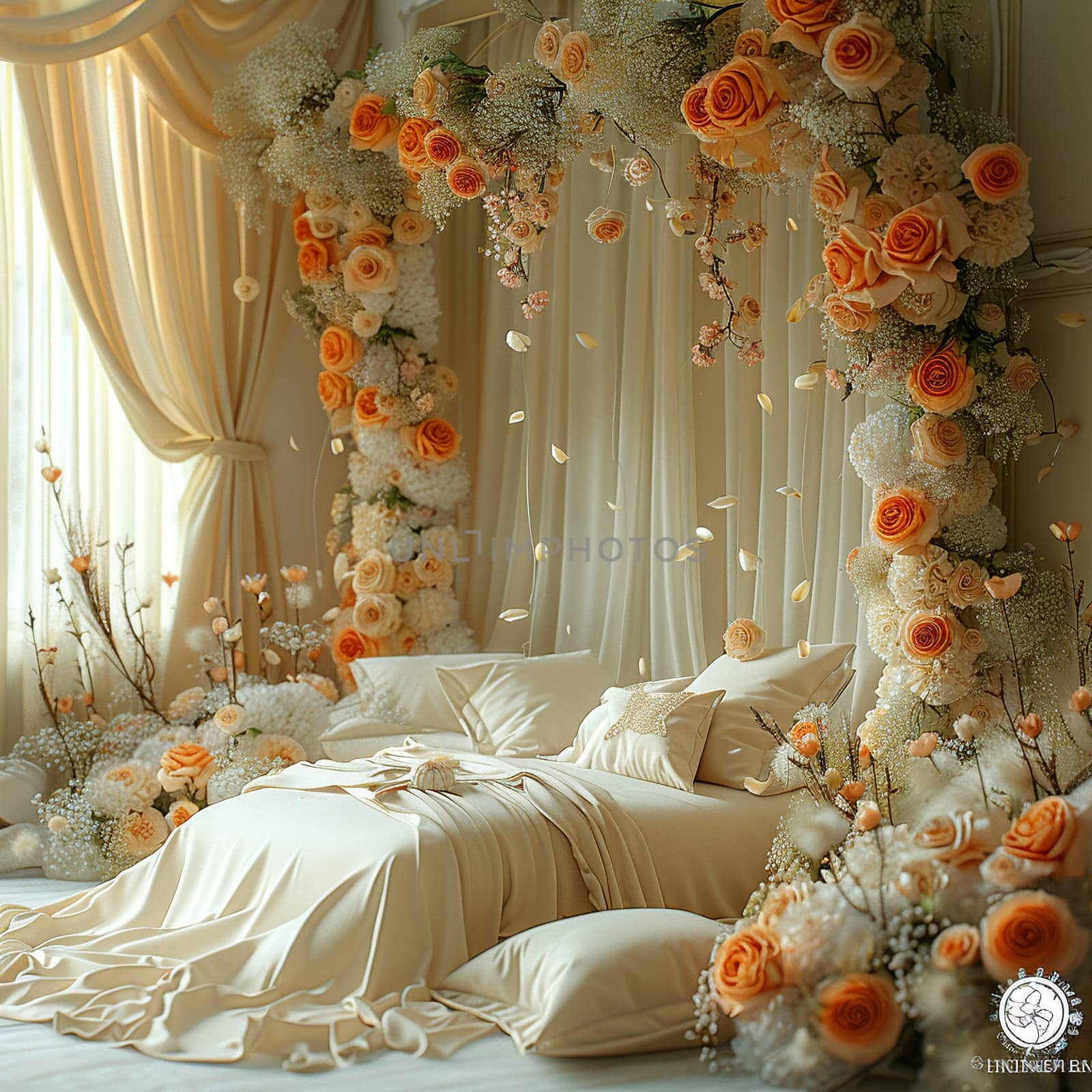 Elegant bridal suite with soft lighting and delicate decorHyperrealistic by Benzoix