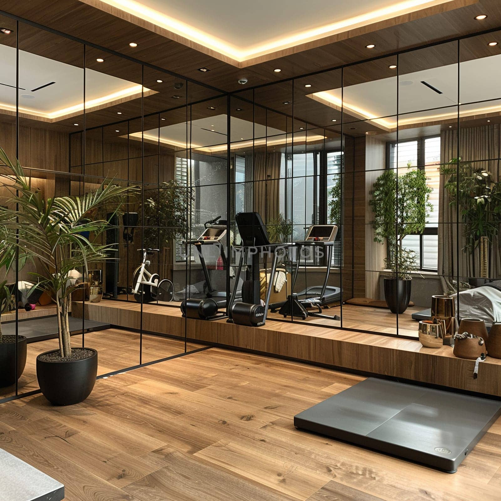 Functional and stylish home gym with mirrored walls and modern equipmentHyperrealistic