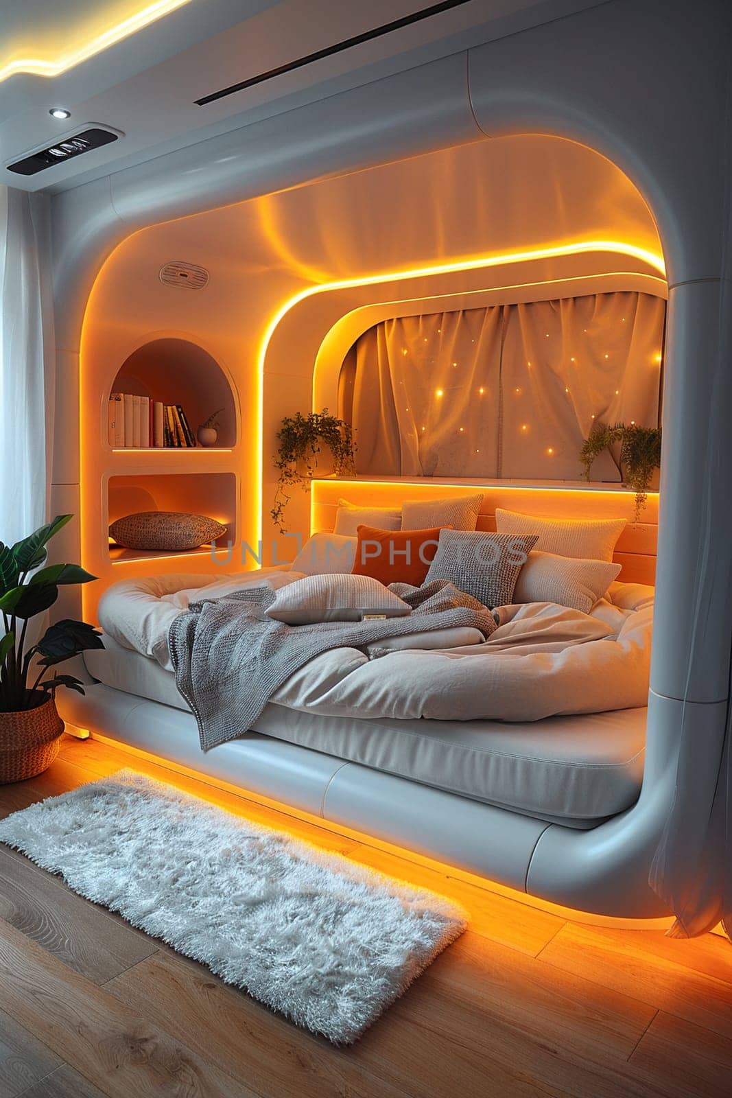 Futuristic bedroom with dynamic lighting and modular furniture8K