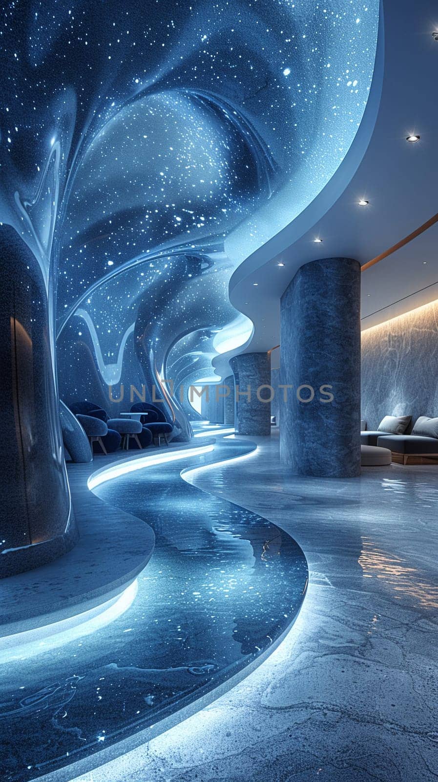 Futuristic lobby with interactive installations and high-tech featuresHyperrealistic