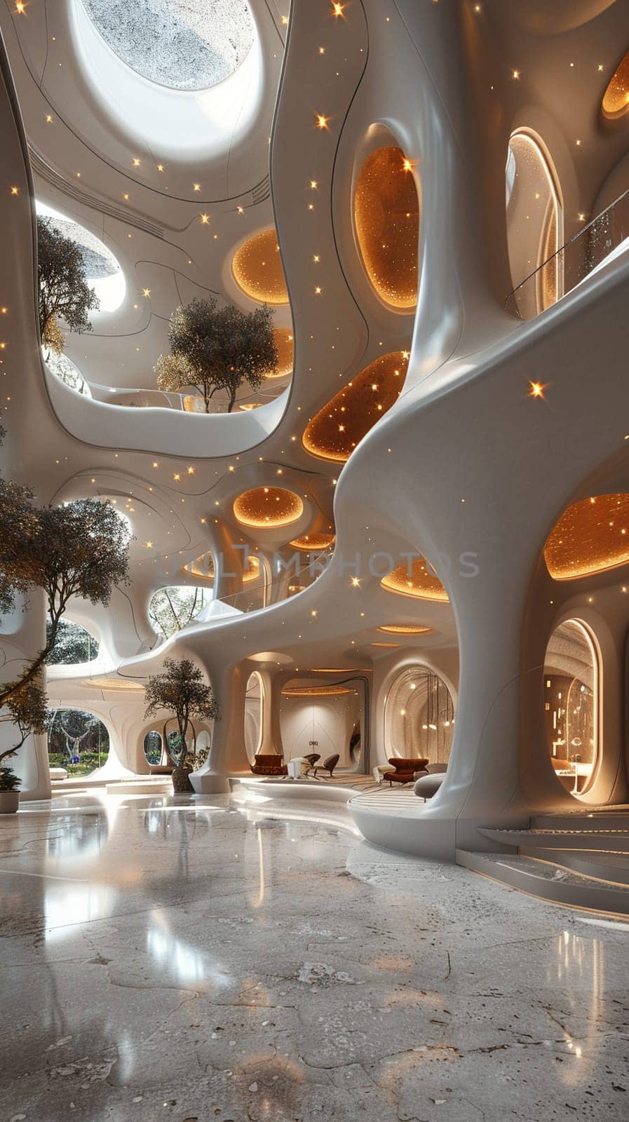 Futuristic lobby with interactive installations and high-tech featuresHyperrealistic