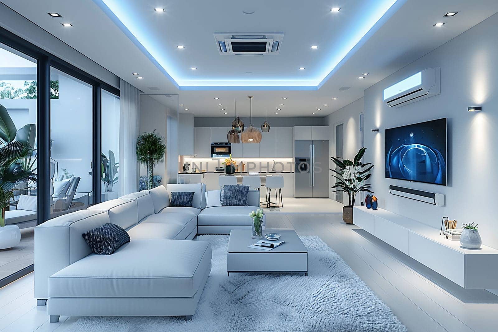 High-tech smart home living room with integrated technology and sleek furnitureHyperrealistic