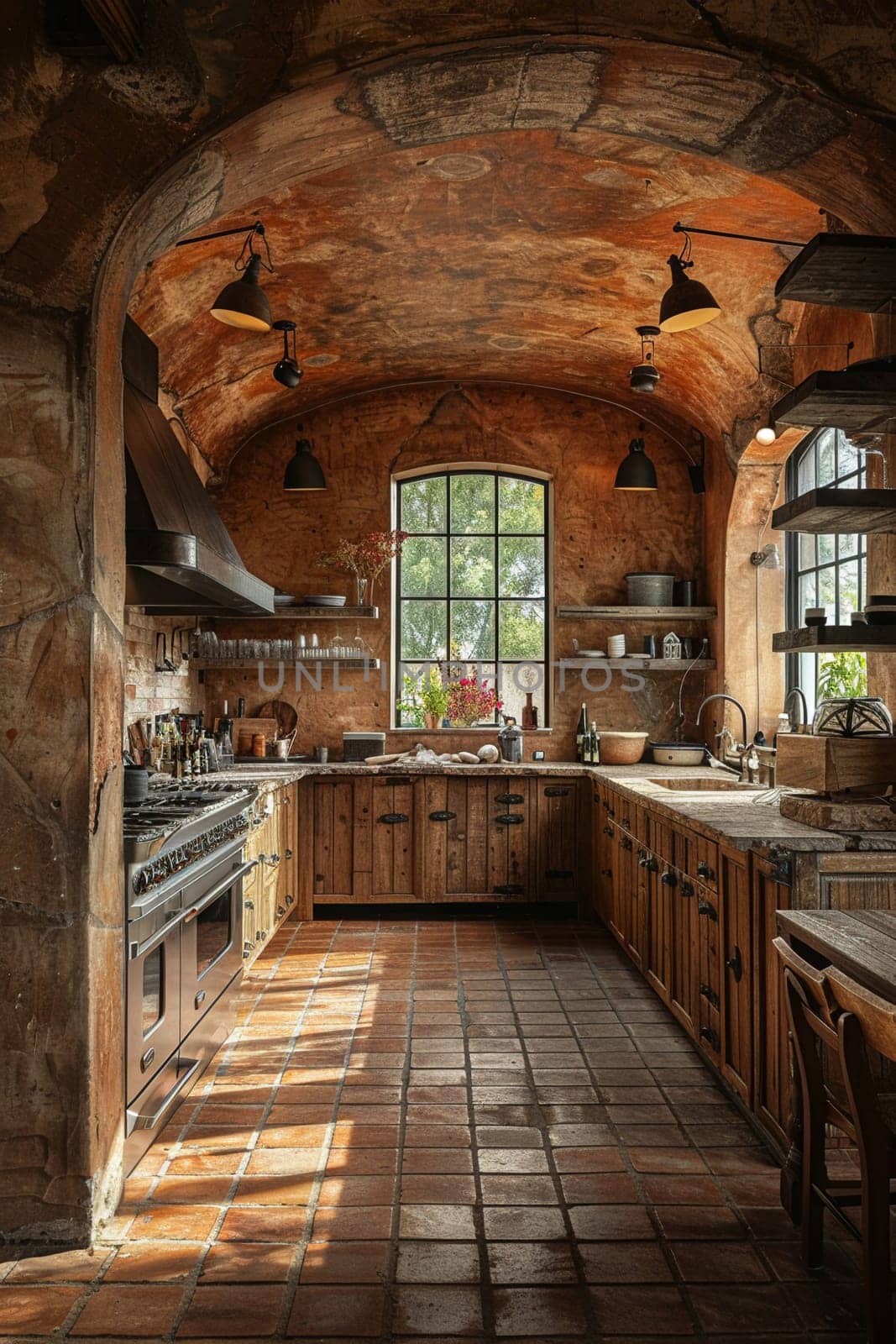 Italian villa kitchen with terracotta tiles and a rustic stone ovenHyperrealistic