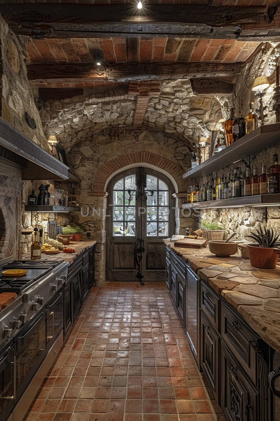 Italian villa kitchen with terracotta tiles and a rustic stone ovenHyperrealistic