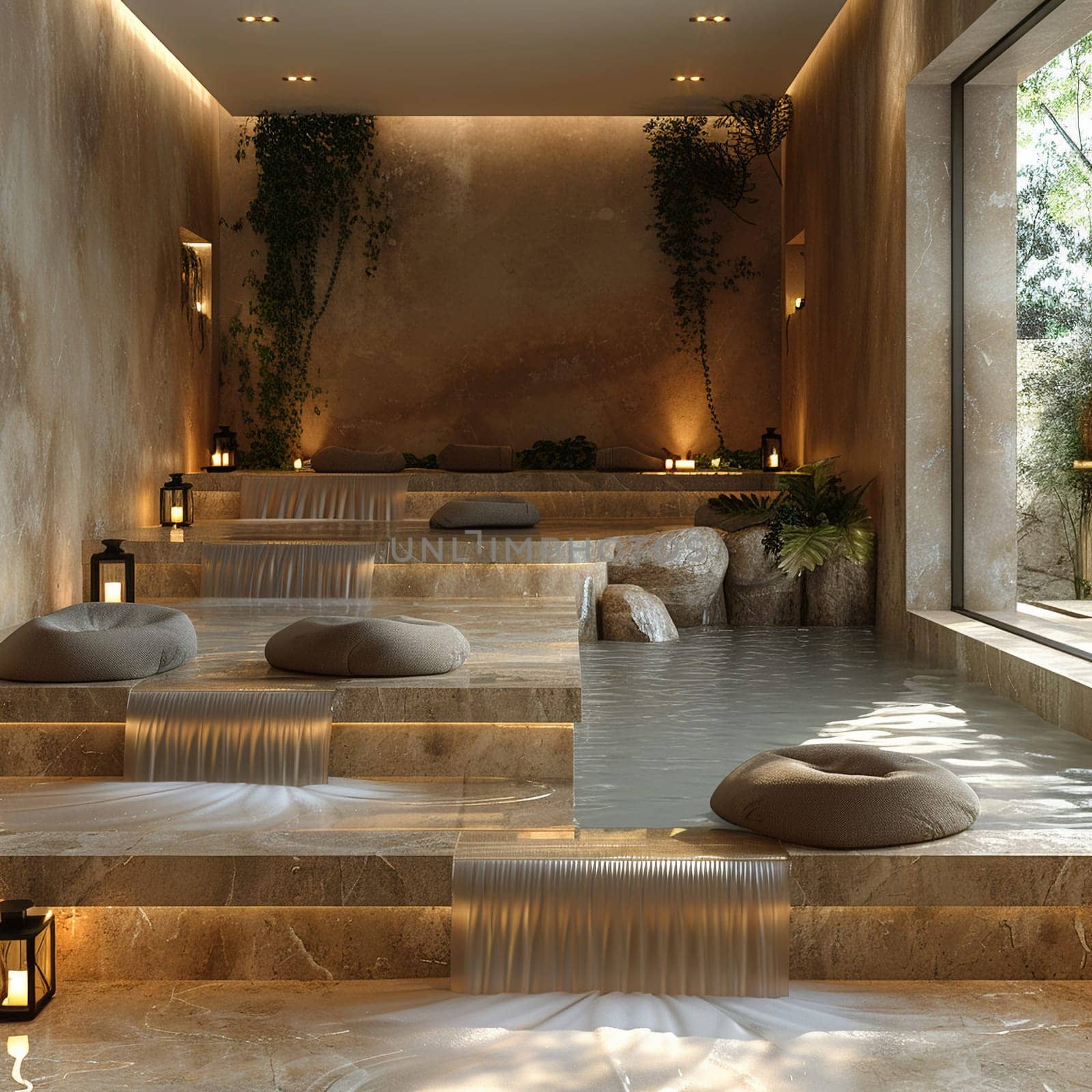Luxurious spa reception with water features and tranquil music8K