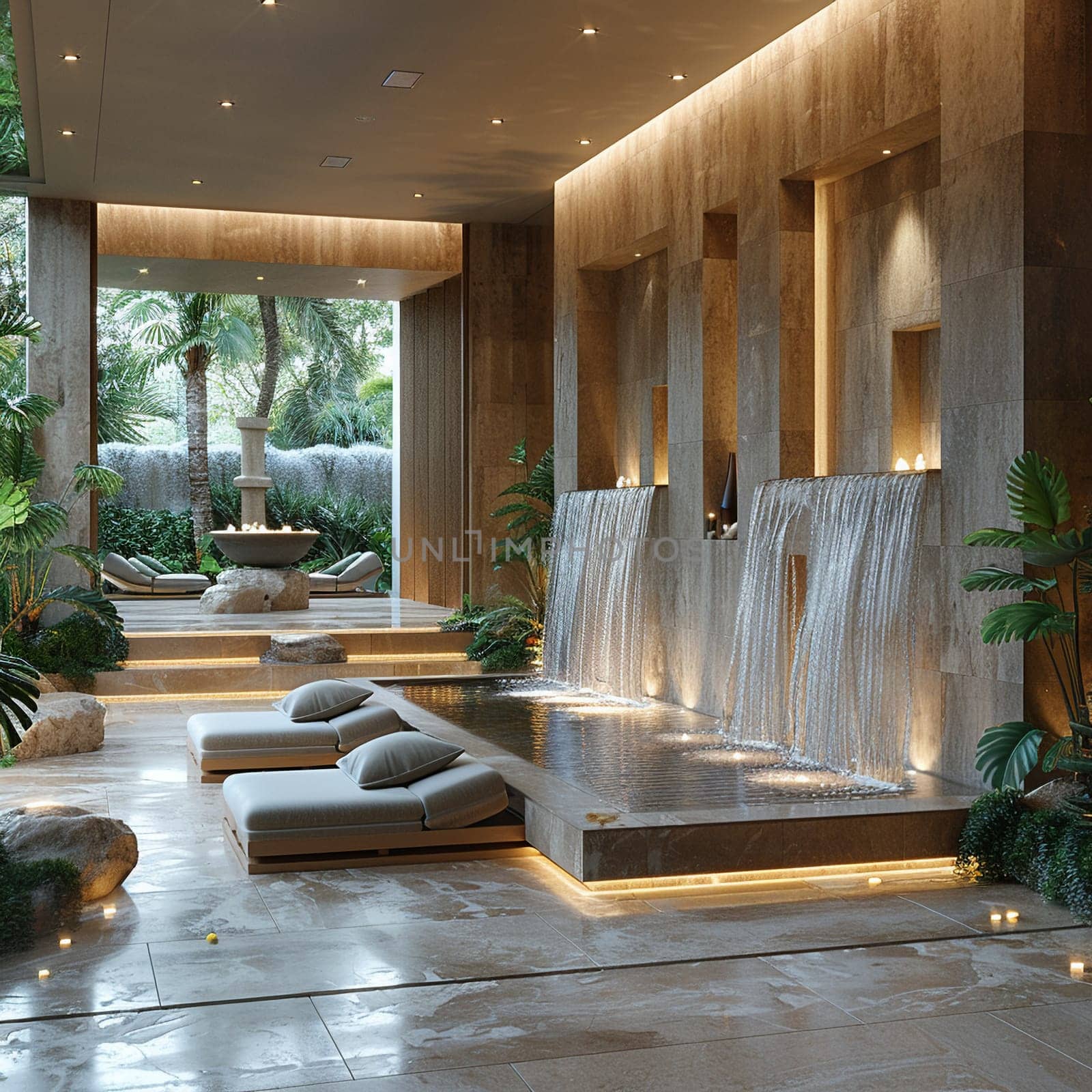 Luxurious spa reception with water features and tranquil music8K