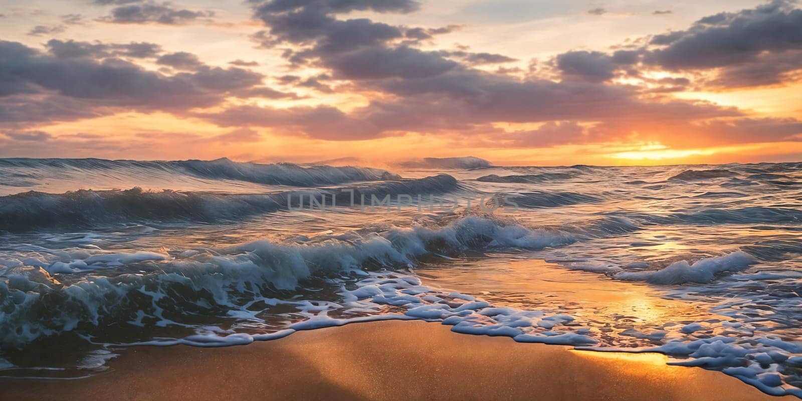 An illustration of sea waves at sunset The shimmering waves reflect the warm hues of the setting sun creating a breathtaking scene. Generative AI