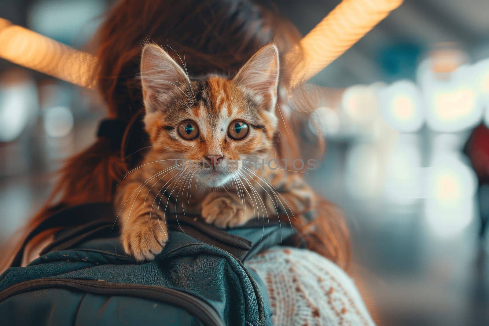 Woman and cat have a trip in vacation day with backpacker at airport.