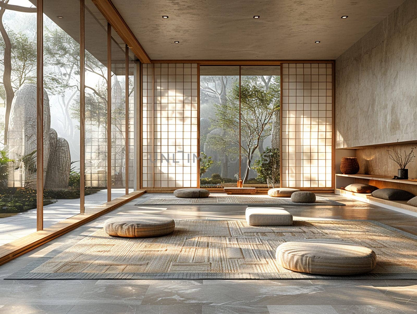 Minimalist meditation space with simple lines and a sense of calmHyperrealistic