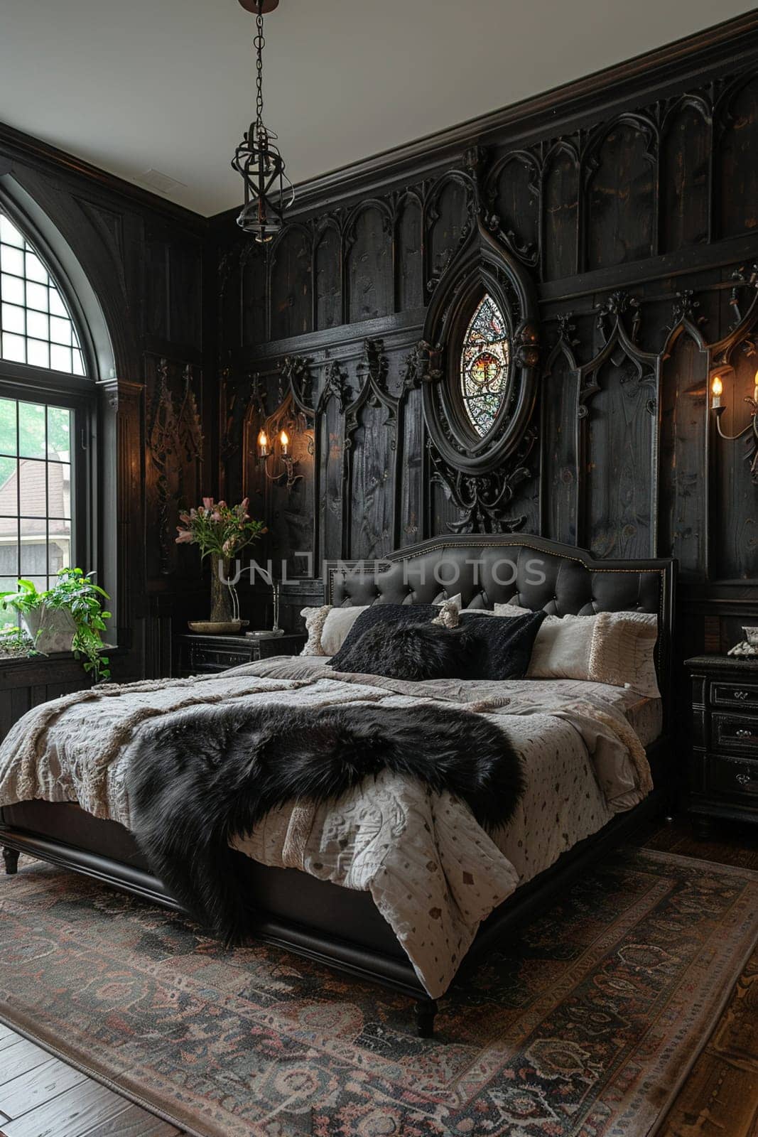 Modern Gothic bedroom with dark colors and dramatic decor8K