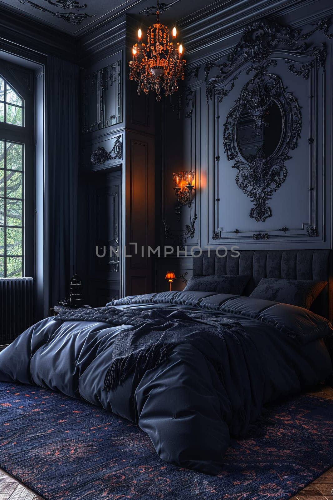 Modern Gothic bedroom with dark colors and dramatic decor8K by Benzoix