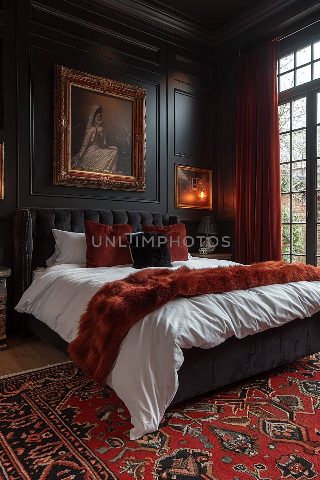 Modern Gothic bedroom with dark colors and dramatic decor8K by Benzoix