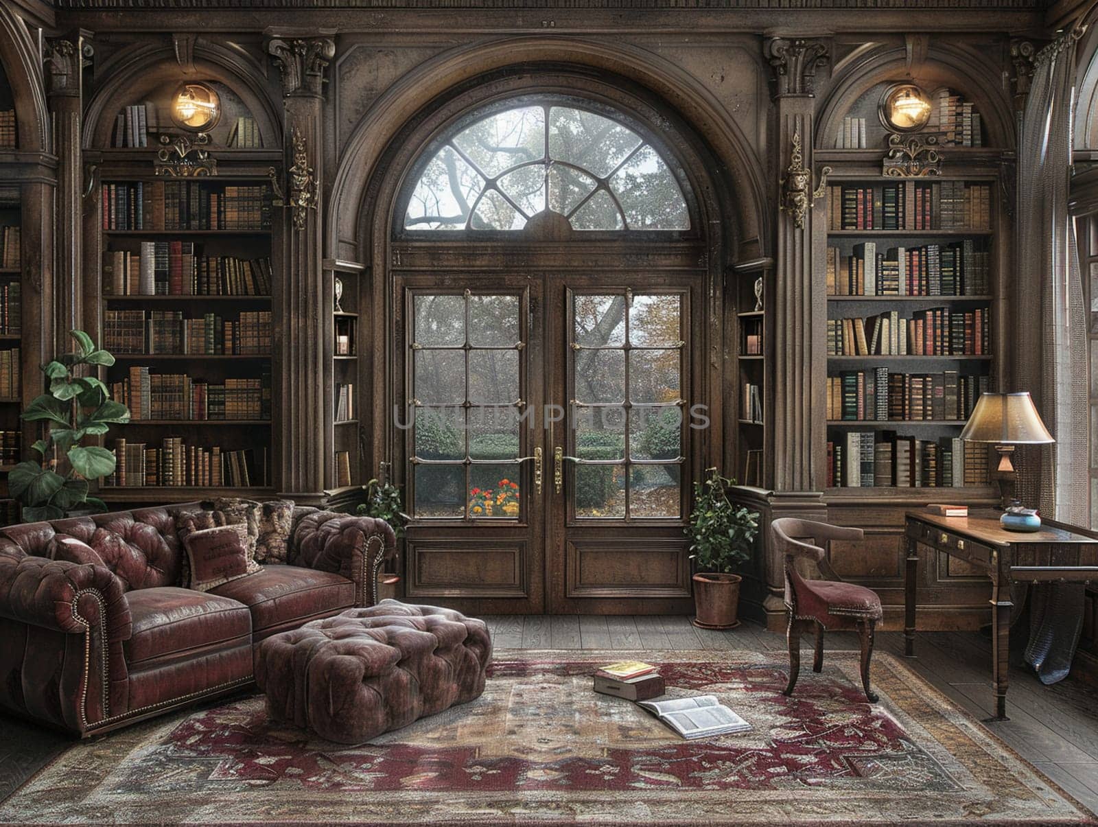 Old-world study with rich wood paneling and a hidden bookcase doorHyperrealistic by Benzoix