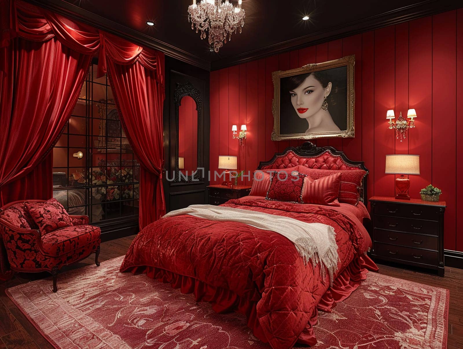 Old Hollywood glamour bedroom with satin drapes and vintage portraitsHyperrealistic