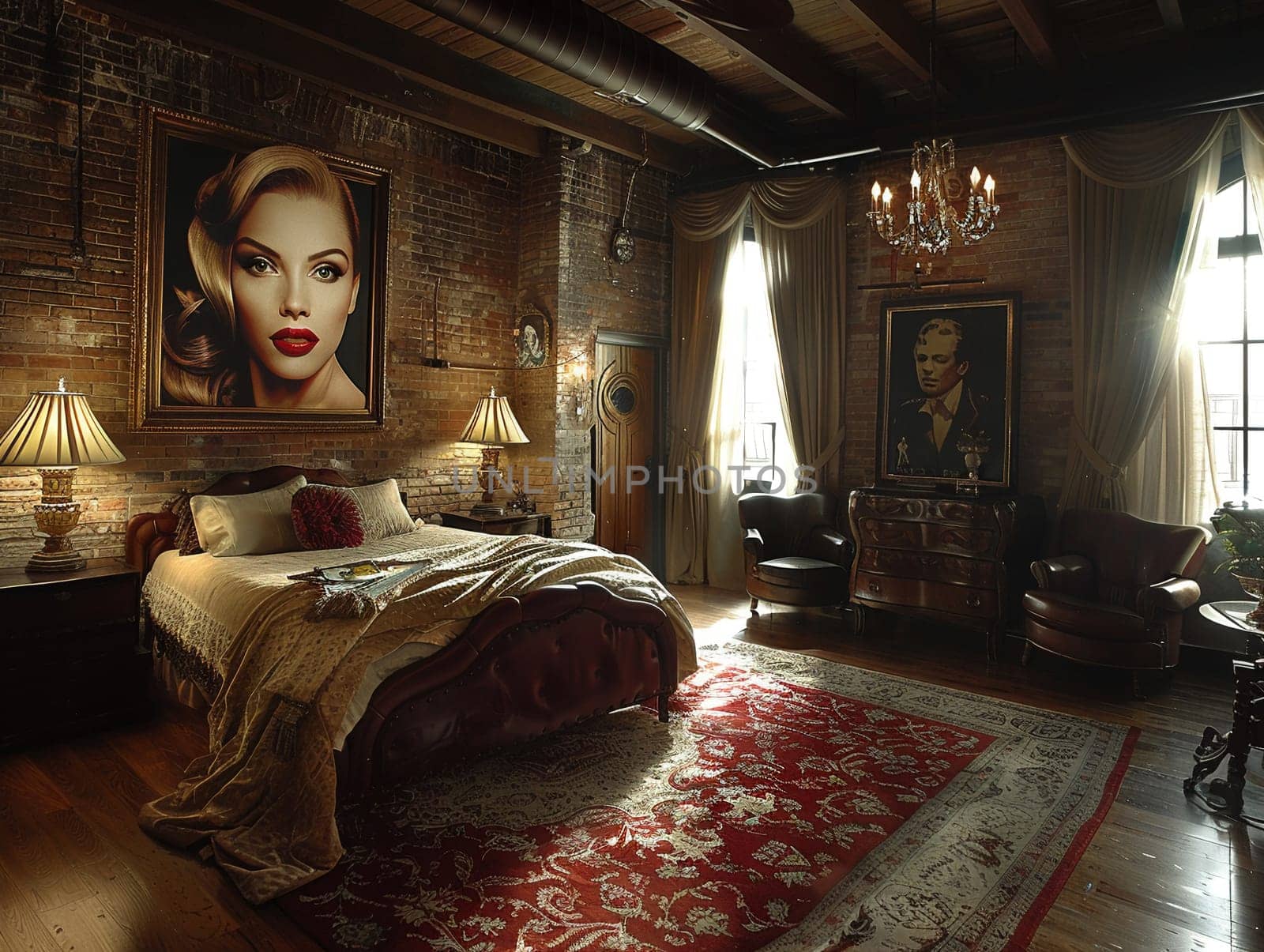 Old Hollywood glamour bedroom with satin drapes and vintage portraitsHyperrealistic