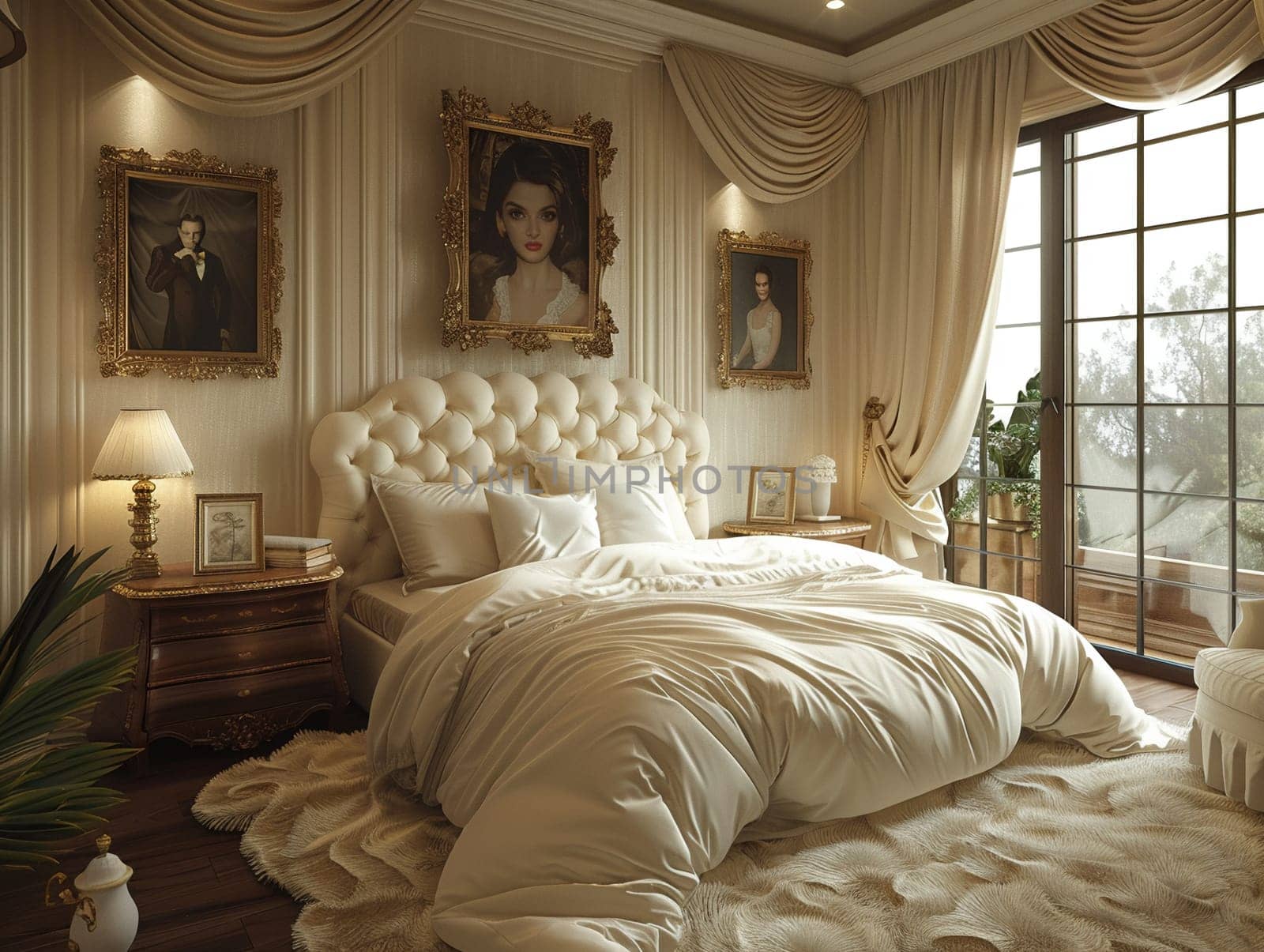 Old Hollywood glamour bedroom with satin drapes and vintage portraitsHyperrealistic by Benzoix