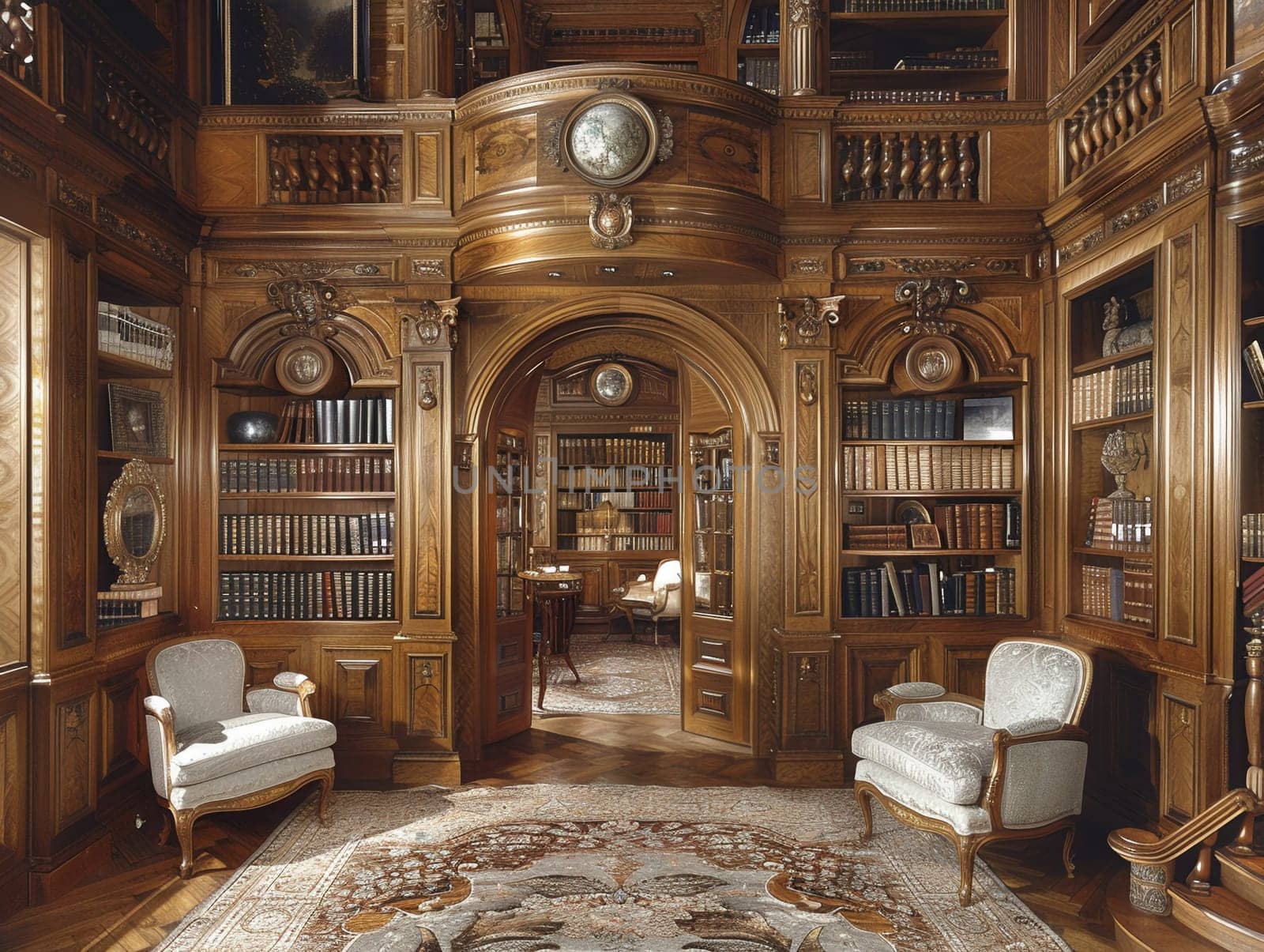 Old-world study with rich wood paneling and a hidden bookcase doorHyperrealistic