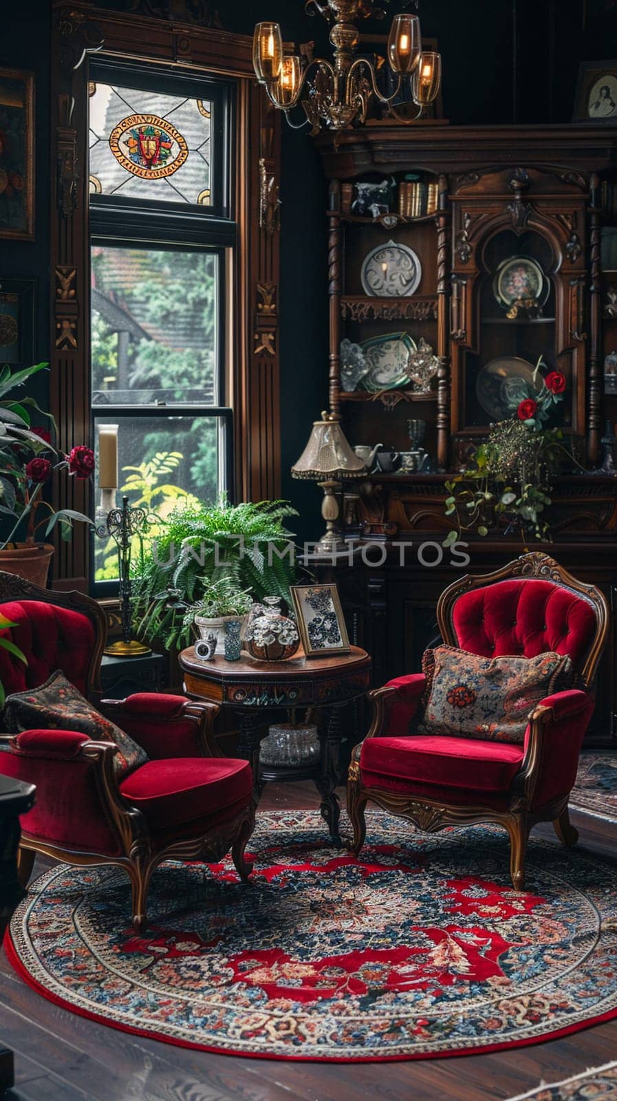 Ornate Victorian drawing room with rich textures and period furniture8K by Benzoix