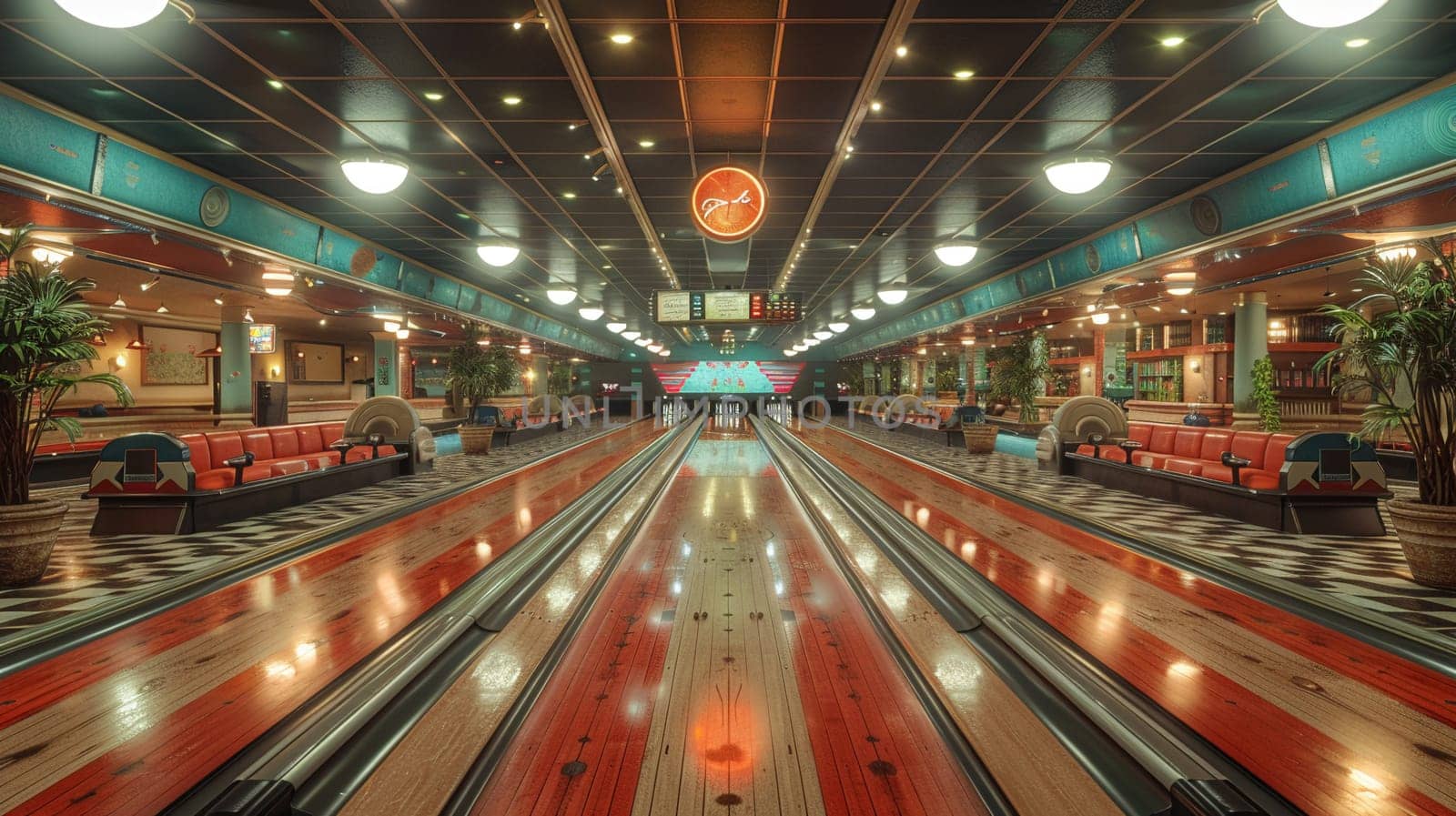 Retro bowling alley with vintage lanes and a classic snack barHyperrealistic by Benzoix