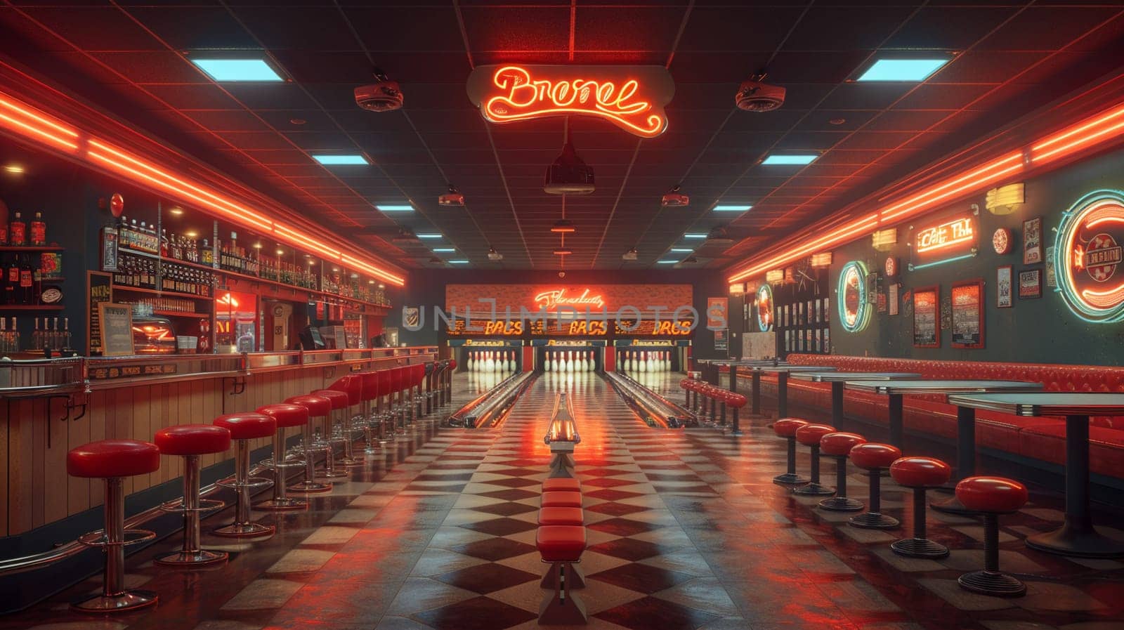 Retro bowling alley with vintage lanes and a classic snack barHyperrealistic
