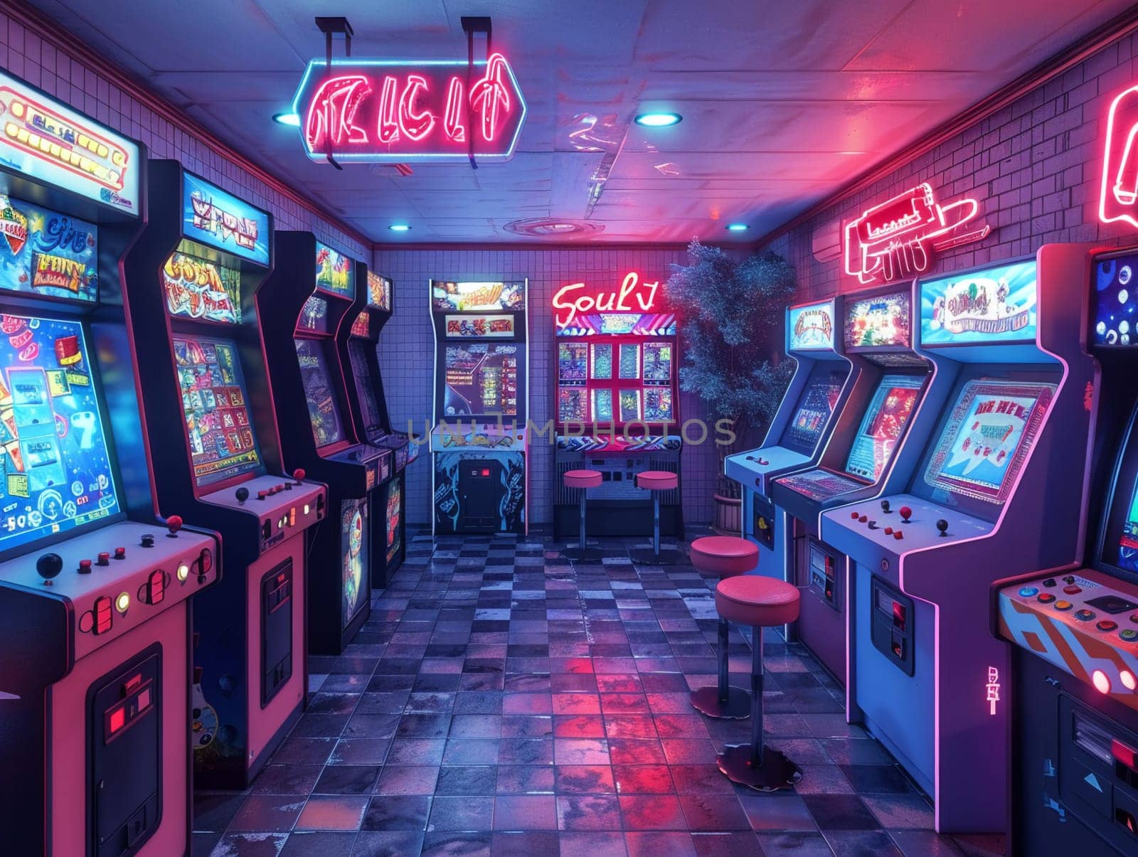 Retro game room with vintage arcade machines and a neon signHyperrealistic