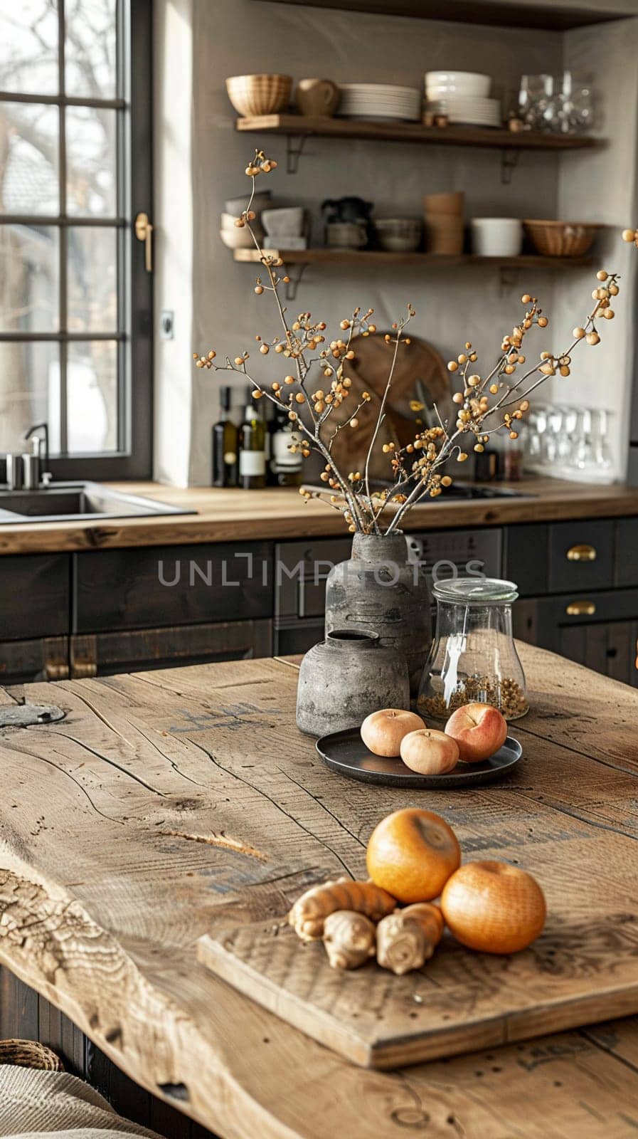 Rustic farmhouse kitchen with a large wooden table and antique fixturesHyperrealistic by Benzoix