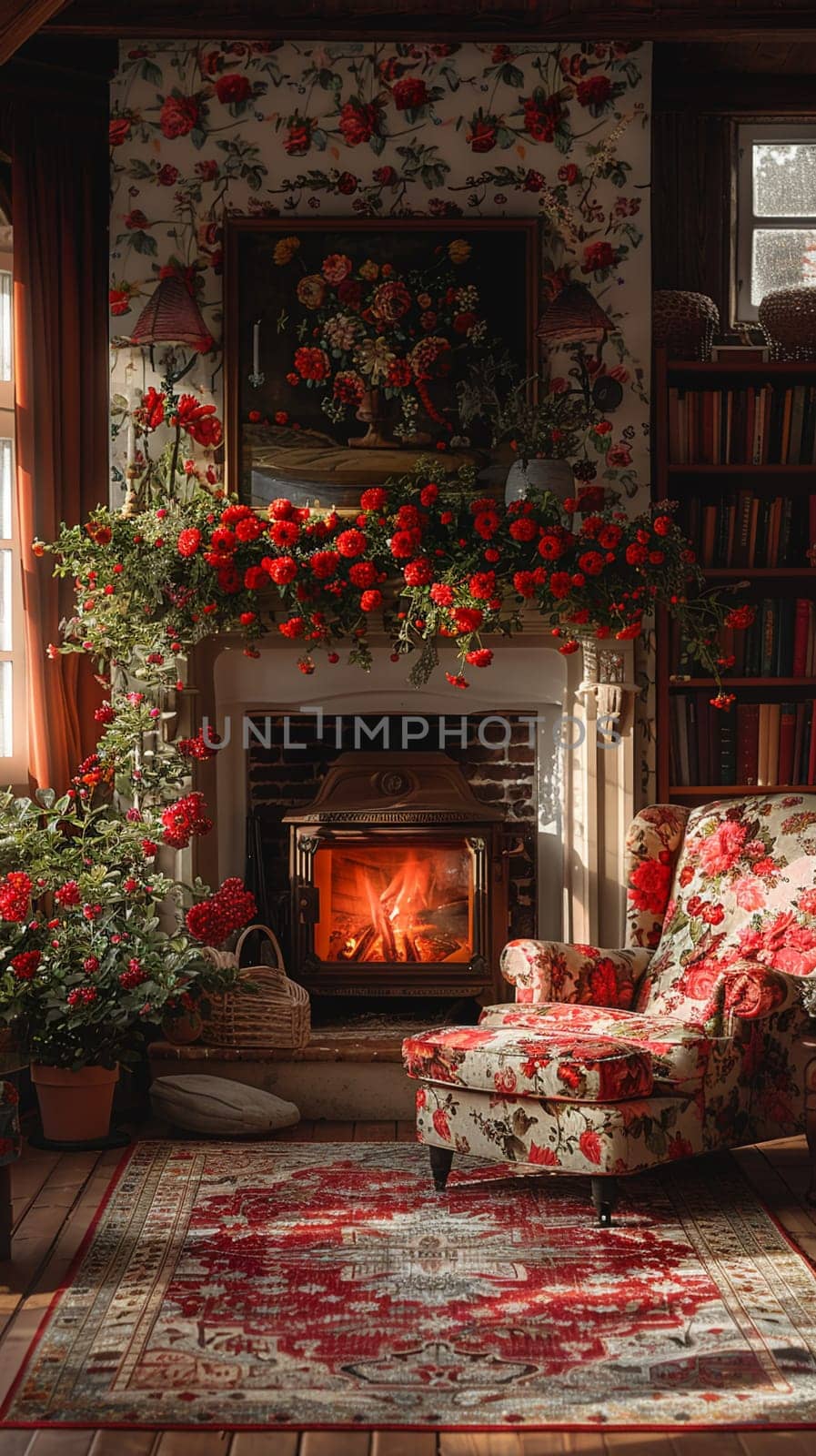 Traditional English cottage living room with floral patterns and cozy fireplace8K by Benzoix