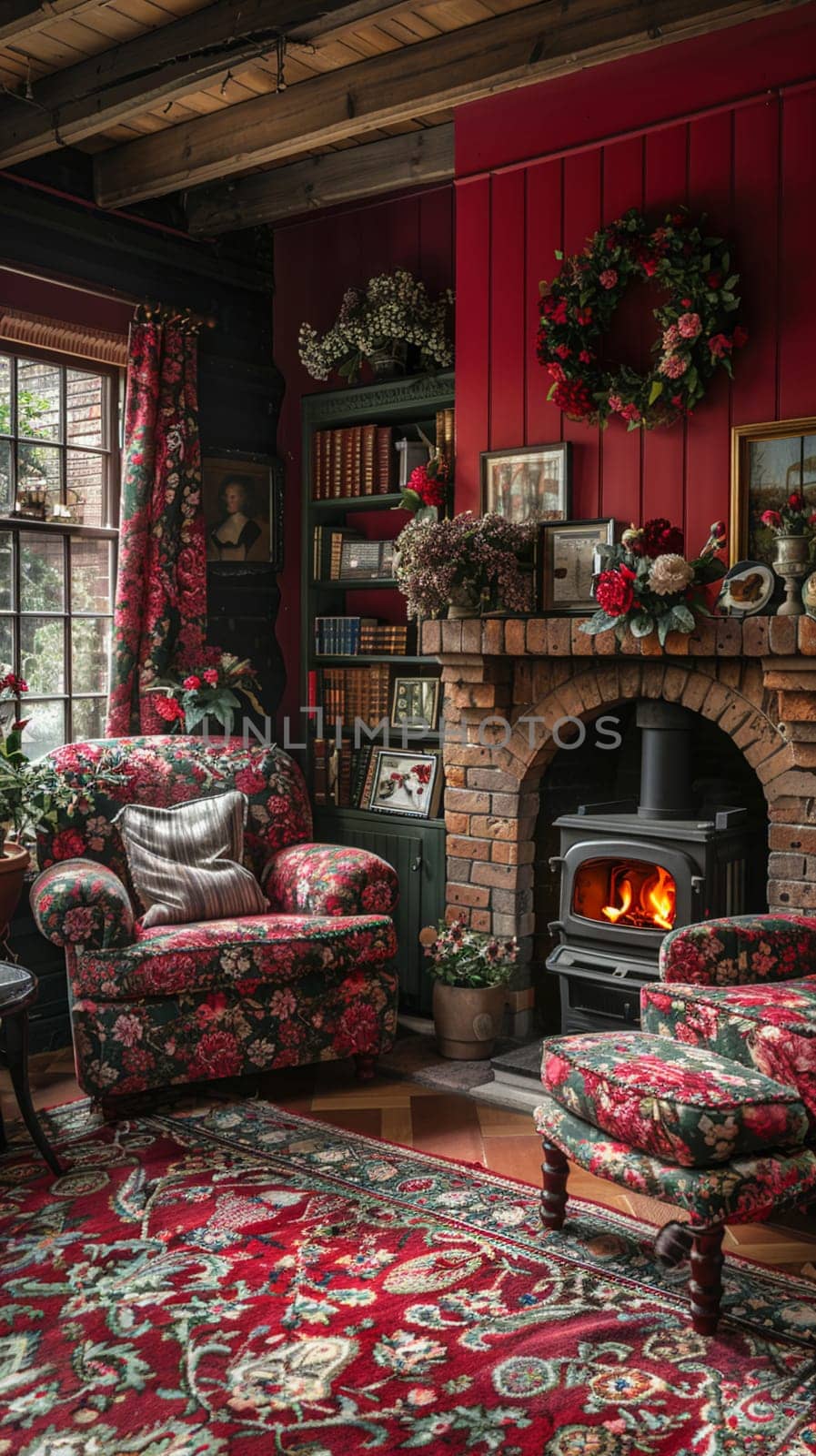 Traditional English cottage living room with floral patterns and cozy fireplace8K by Benzoix