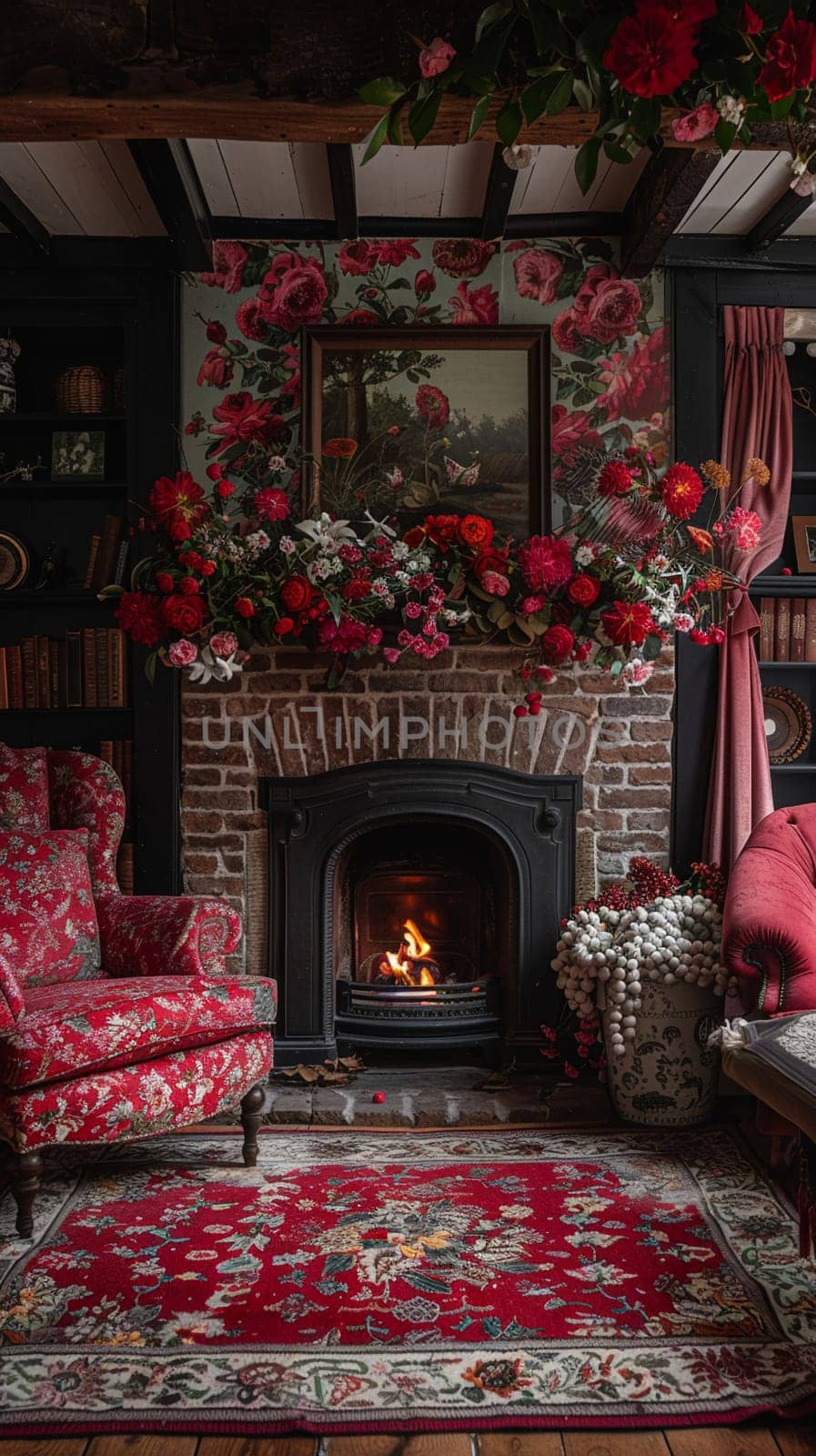 Traditional English cottage living room with floral patterns and cozy fireplace8K by Benzoix