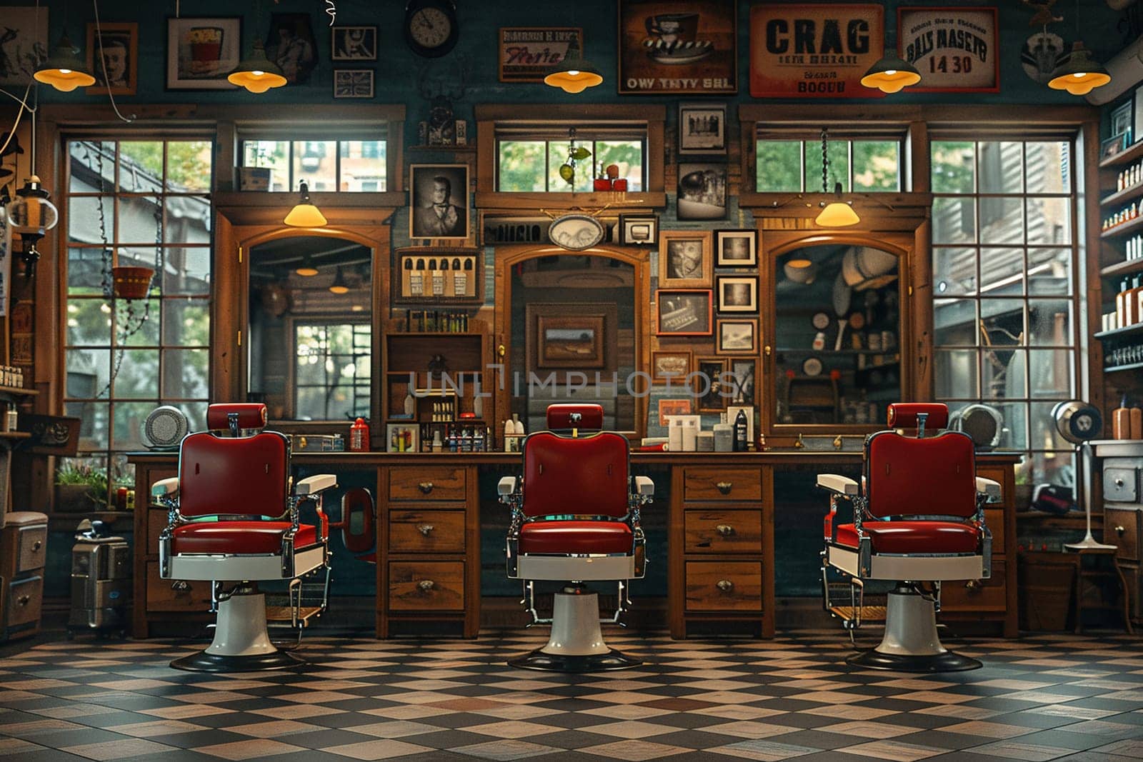 Vintage barbershop interior with classic chairs and nostalgic decorHyperrealistic by Benzoix