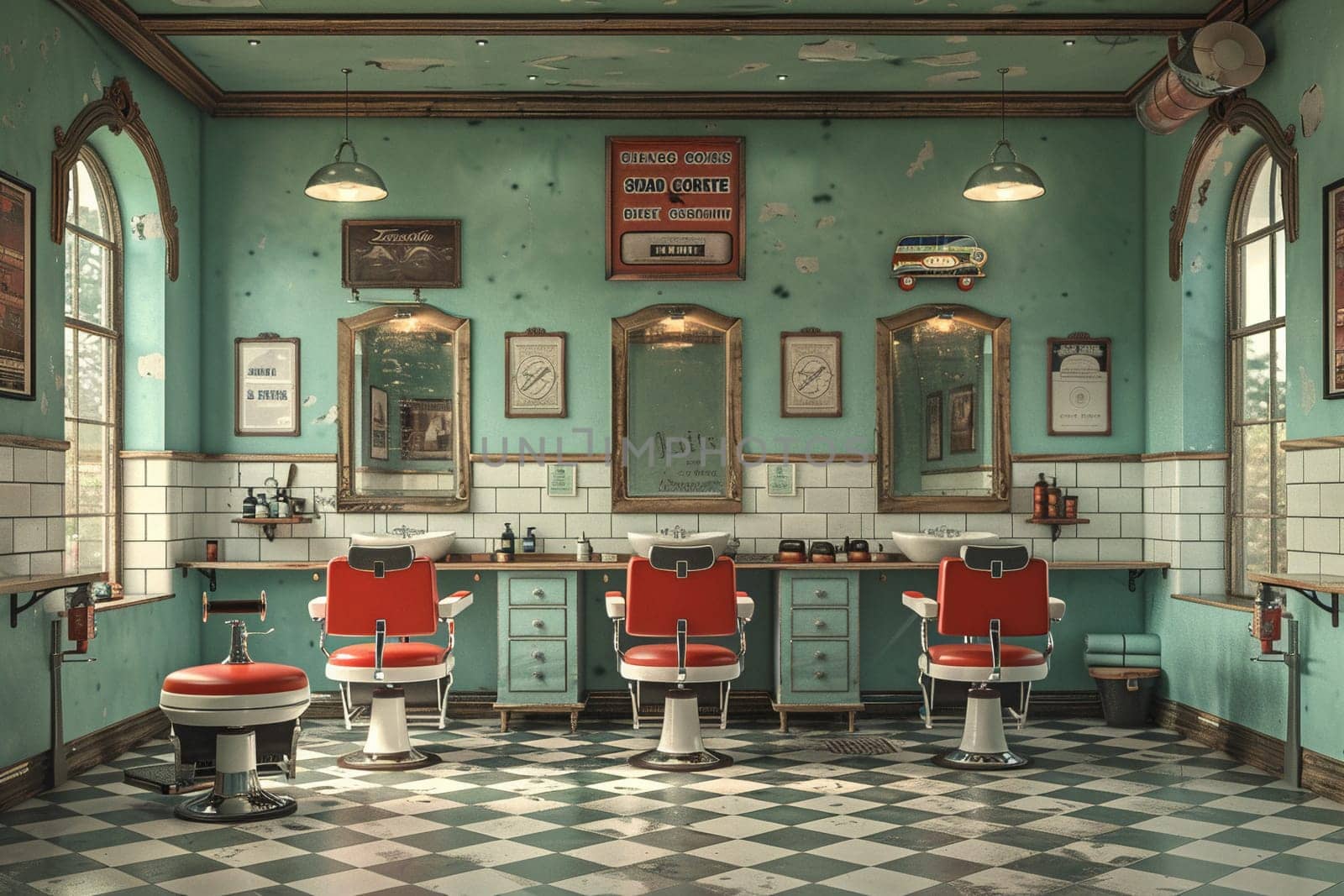 Vintage barbershop interior with classic chairs and nostalgic decorHyperrealistic