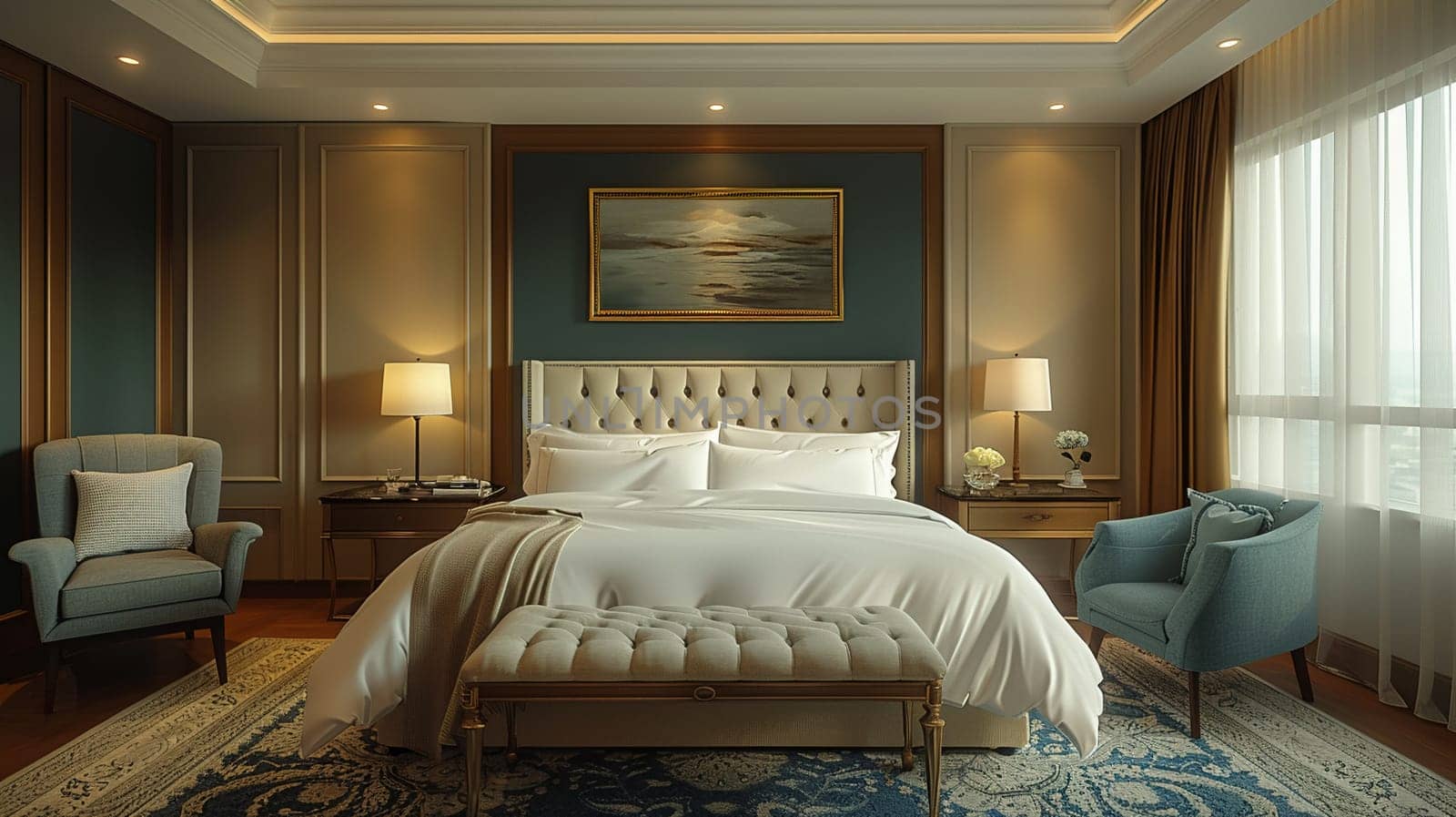 Understated luxury hotel suite with subtle textures and neutral tones8K