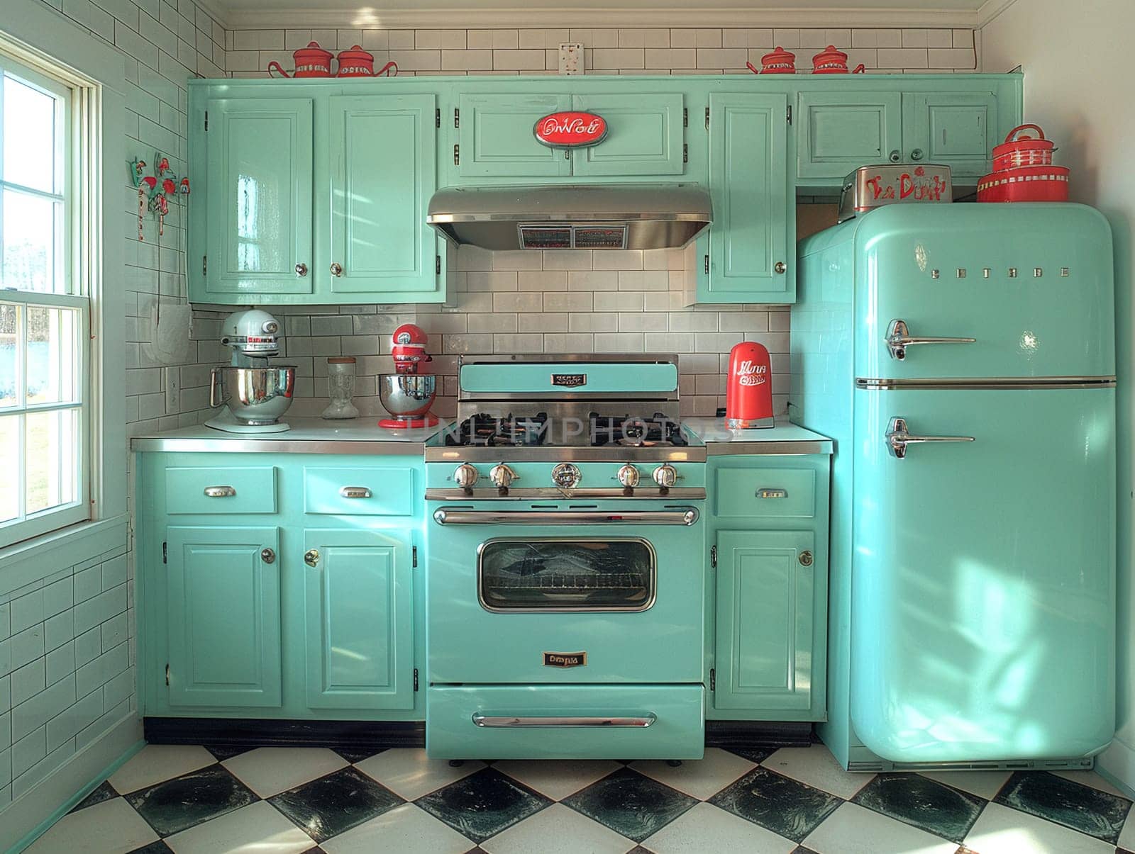 Vintage diner-inspired kitchen with checkered floors and retro appliances8K