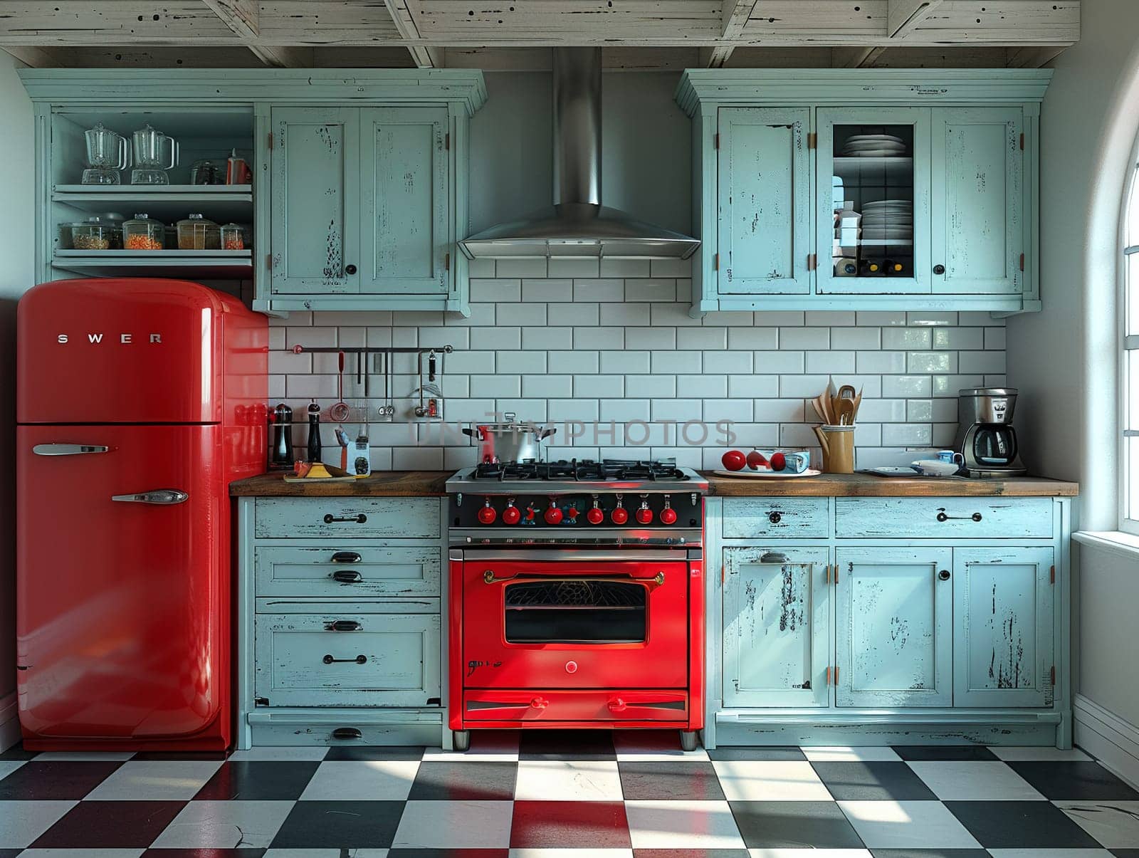 Vintage diner-inspired kitchen with checkered floors and retro appliances8K