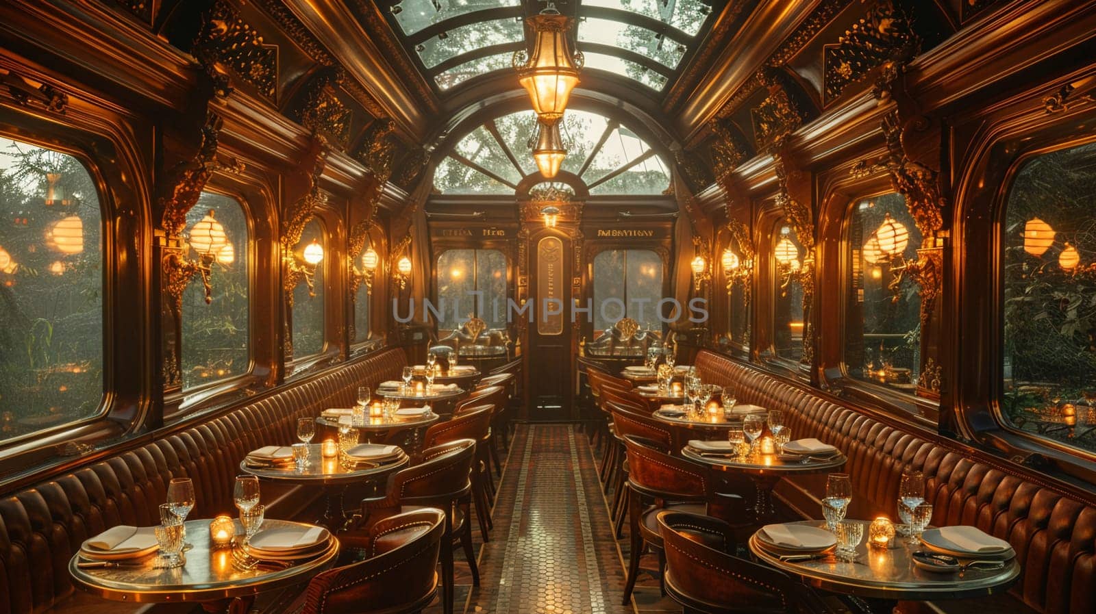 Vintage train car dining experience with period details and intimate seatingHyperrealistic by Benzoix