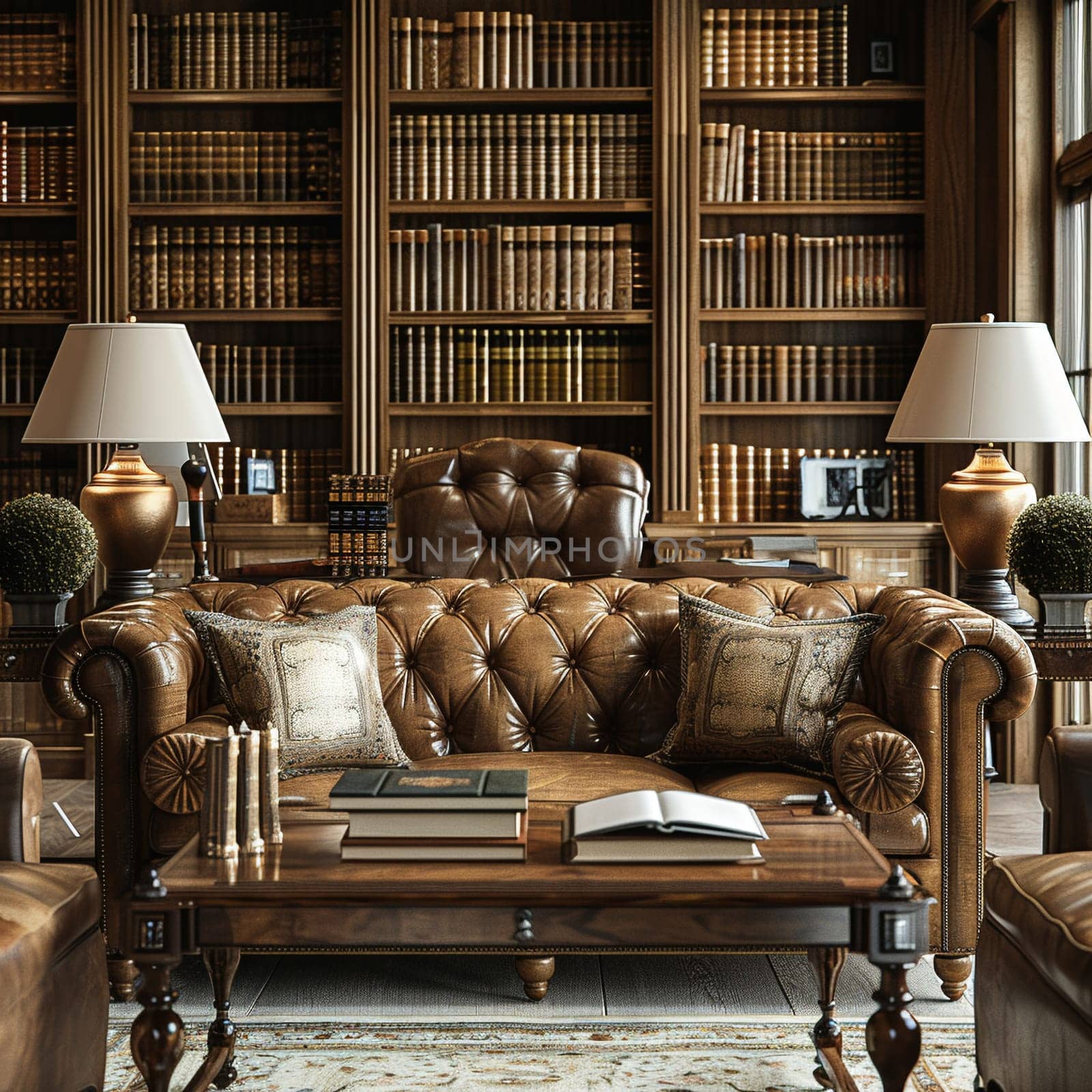 Vintage-inspired study with leather-bound books and a classic writing deskHyperrealistic by Benzoix