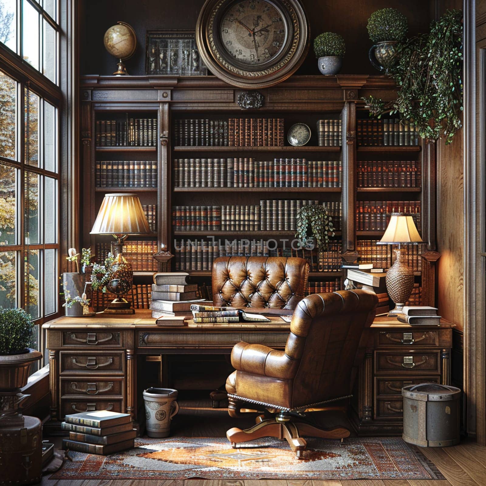 Vintage-inspired study with leather-bound books and a classic writing deskHyperrealistic