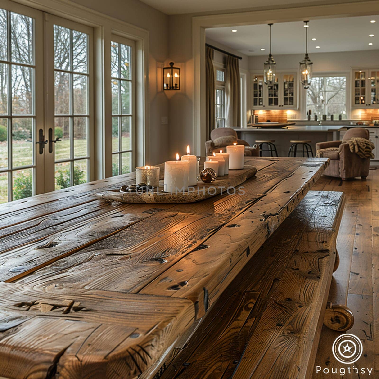 Warm and inviting dining room with a rustic farmhouse table and candle chandelier8K by Benzoix