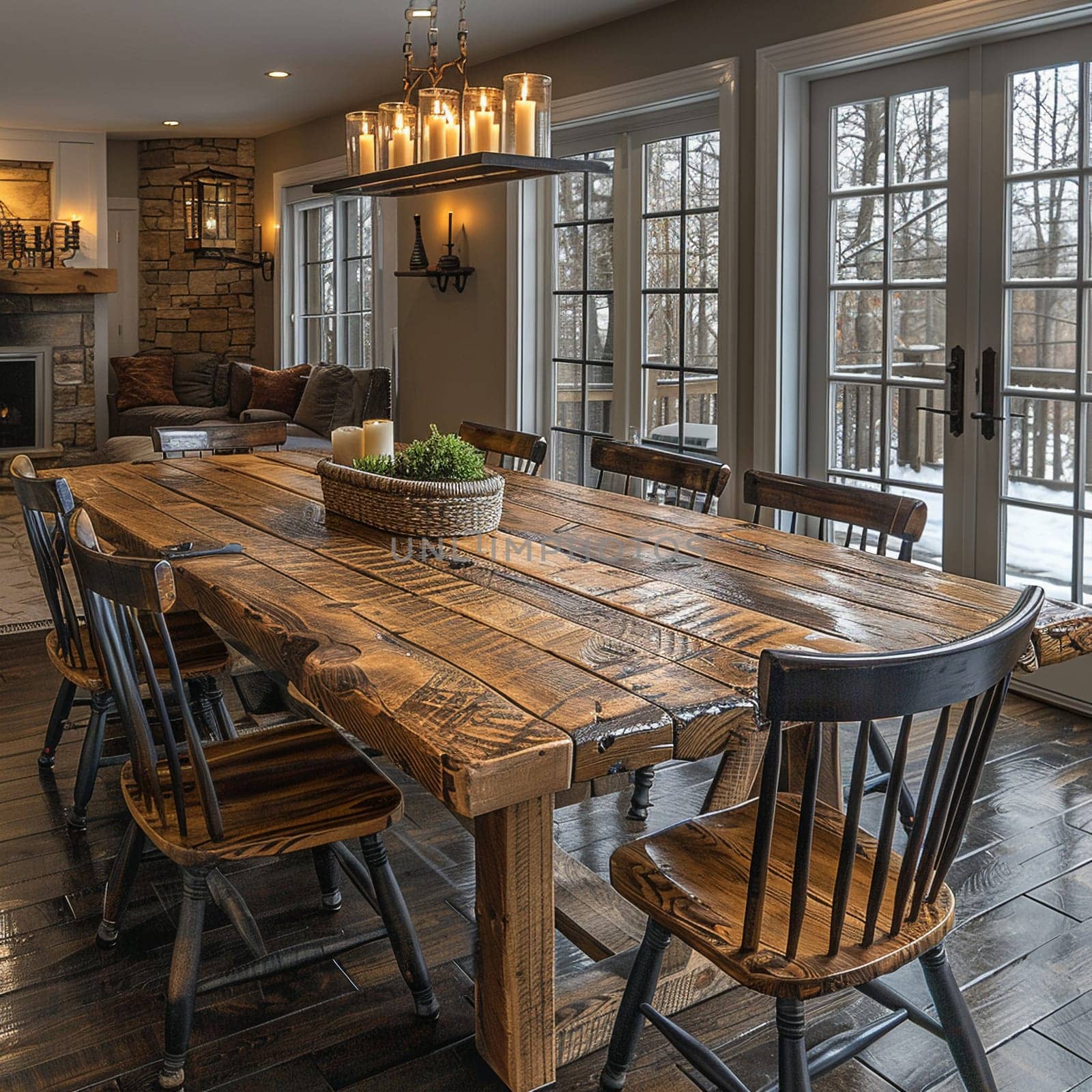 Warm and inviting dining room with a rustic farmhouse table and candle chandelier8K
