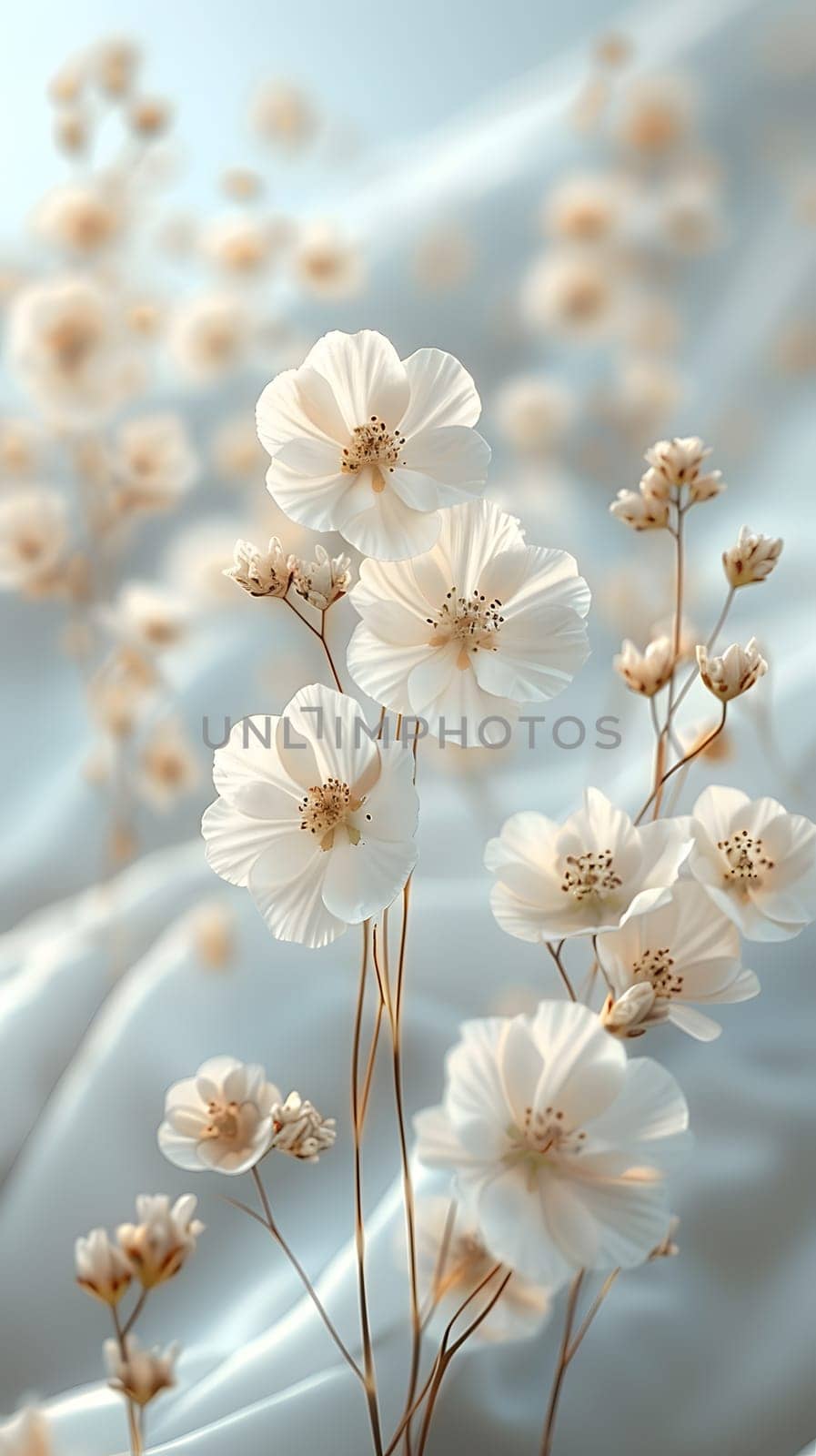 A variety of white flowers are blooming on a white cloth. The delicate petals, twigs, and pedicels create a beautiful floral display of terrestrial plants