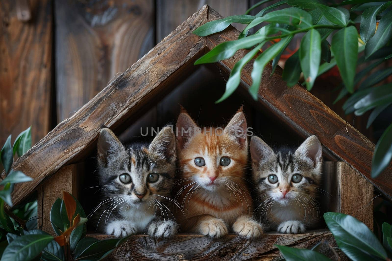 A group of cats are laying on a wooden structure.